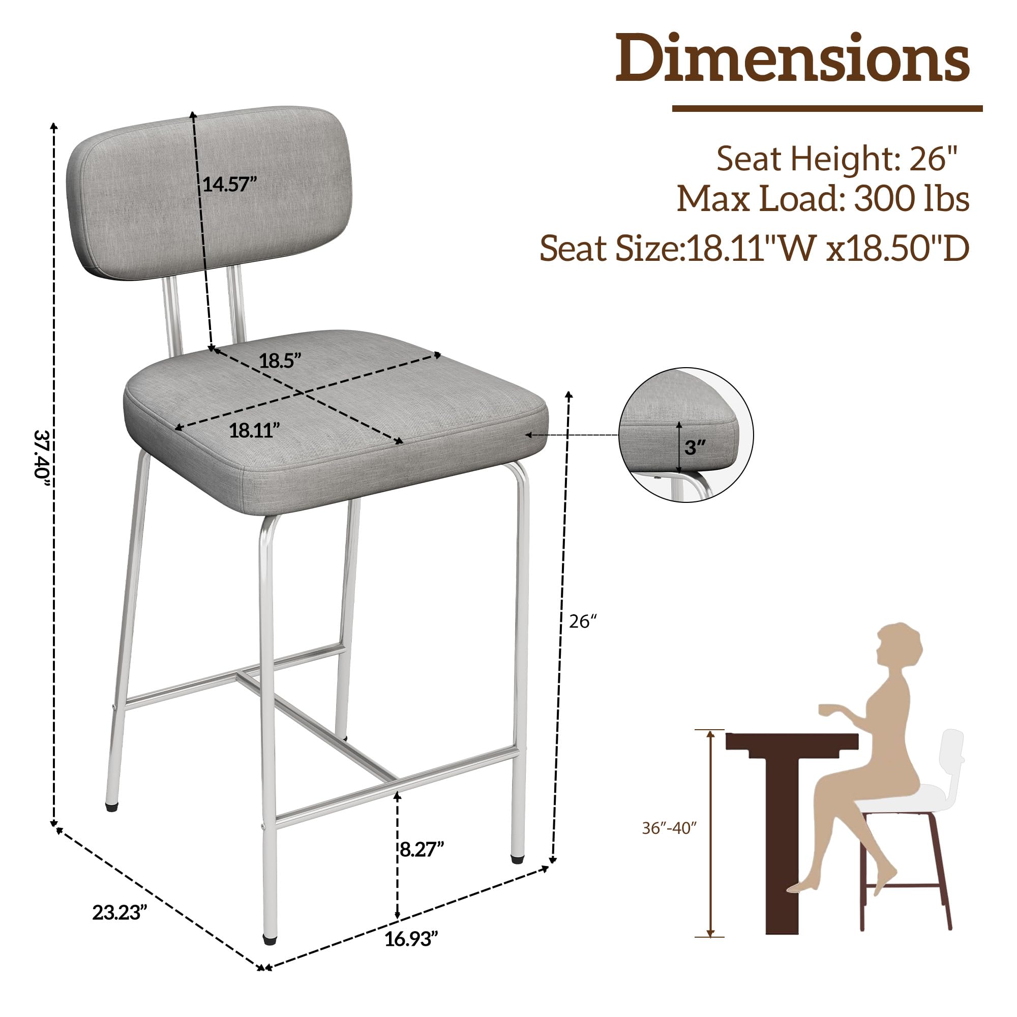 Genpo Counter Height Bar Stools Set of 3, 26" Gray Fabric Kitchen Counter Stools with Backs, Metal Legs, Footrest and Wide Seat, Bar Chairs for Kitchen Island - Image 2