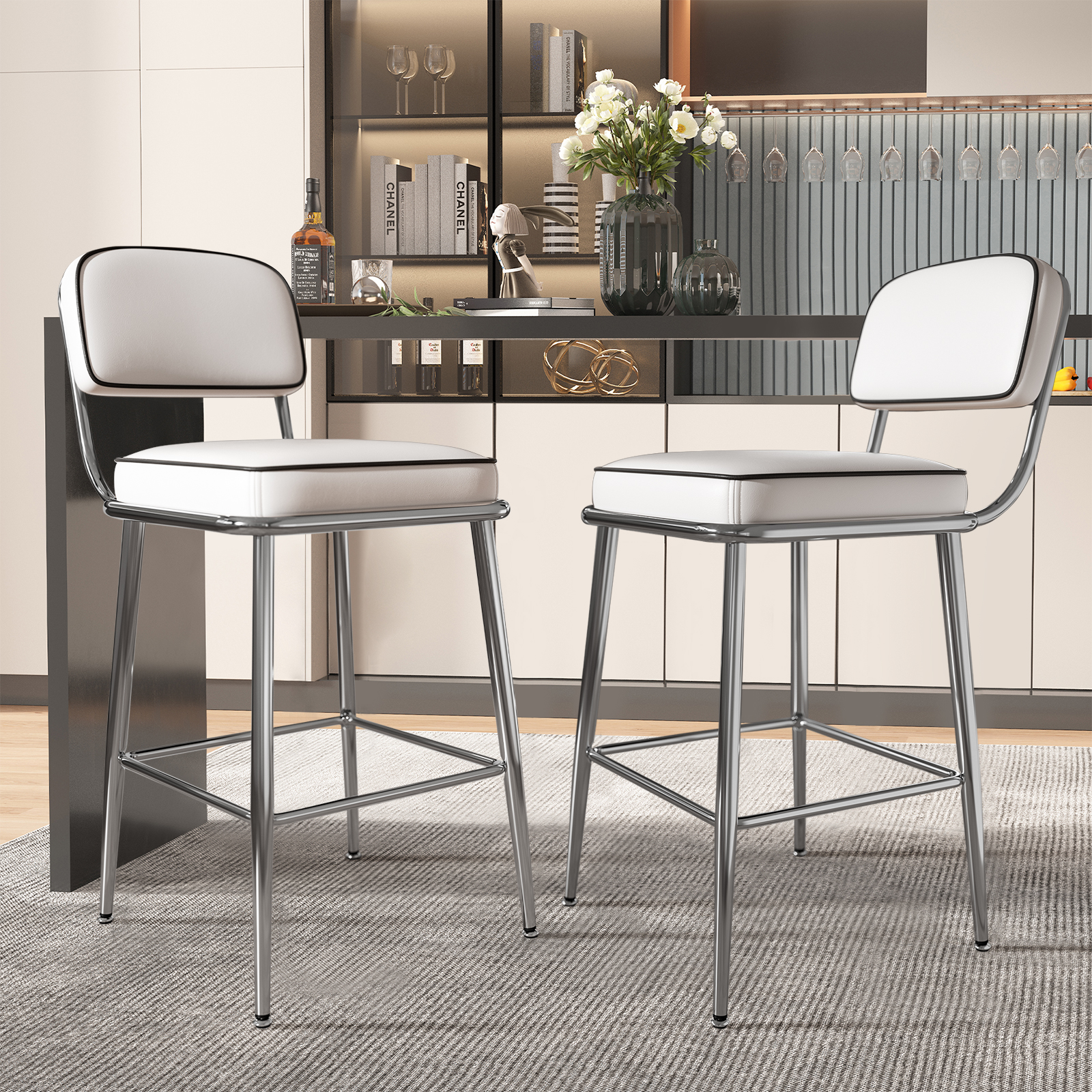 Genpo Counter Height Bar Stools Set of 2, 26" White Fabric Kitchen Counter Stools with Backs, Metal Legs, Footrest and Wide Seat, Bar Chairs for Kitchen Island