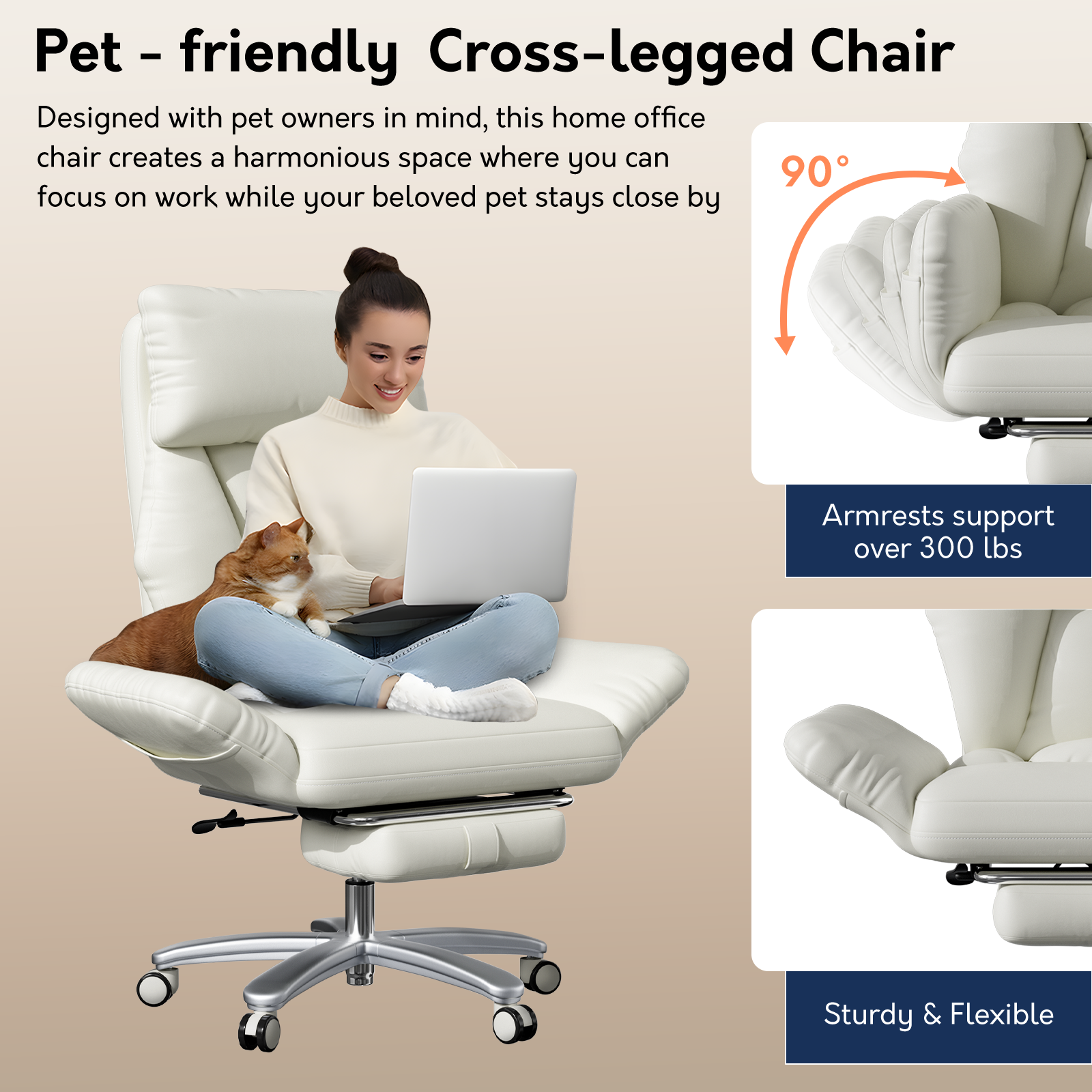 Genpo Criss Cross Desk Chair, Cross Legged Office Chair with Wheels, White Leather Big and Tall Reclining Office Chair 500lbs with Foot Rest, Reversible Armrests & Wide Seat - Image 3