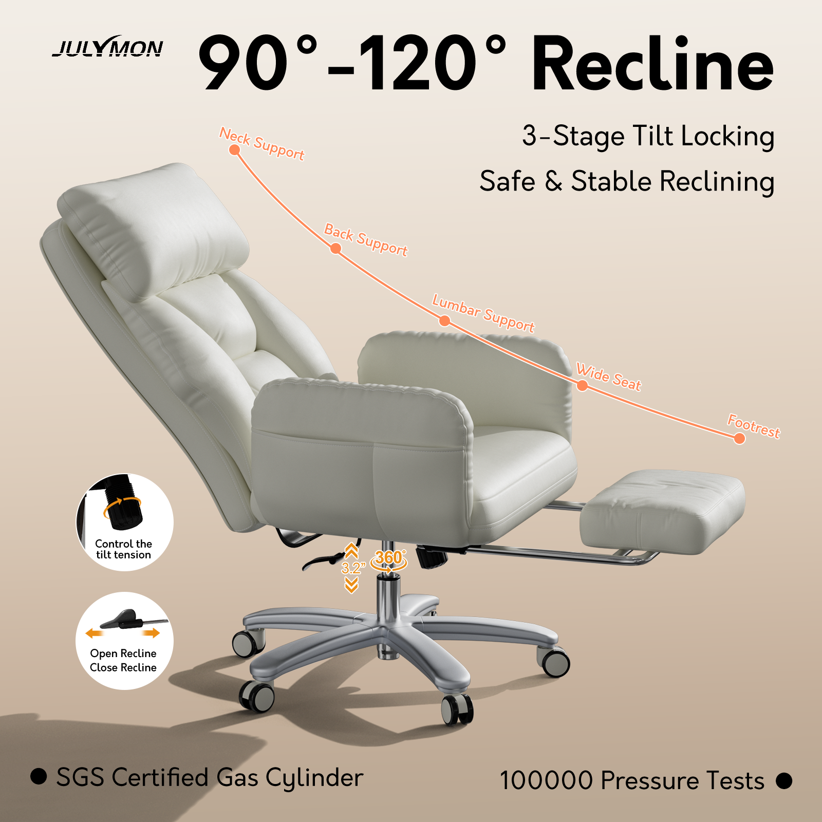 Genpo Criss Cross Desk Chair, Cross Legged Office Chair with Wheels, White Leather Big and Tall Reclining Office Chair 500lbs with Foot Rest, Reversible Armrests & Wide Seat - Image 7