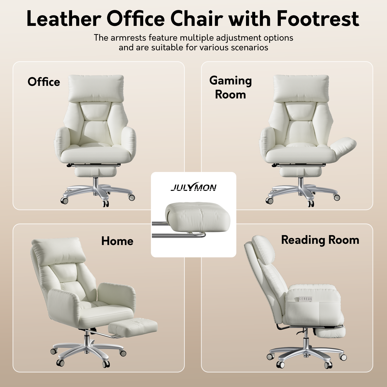 Genpo Criss Cross Desk Chair, Cross Legged Office Chair with Wheels, White Leather Big and Tall Reclining Office Chair 500lbs with Foot Rest, Reversible Armrests & Wide Seat - Image 5