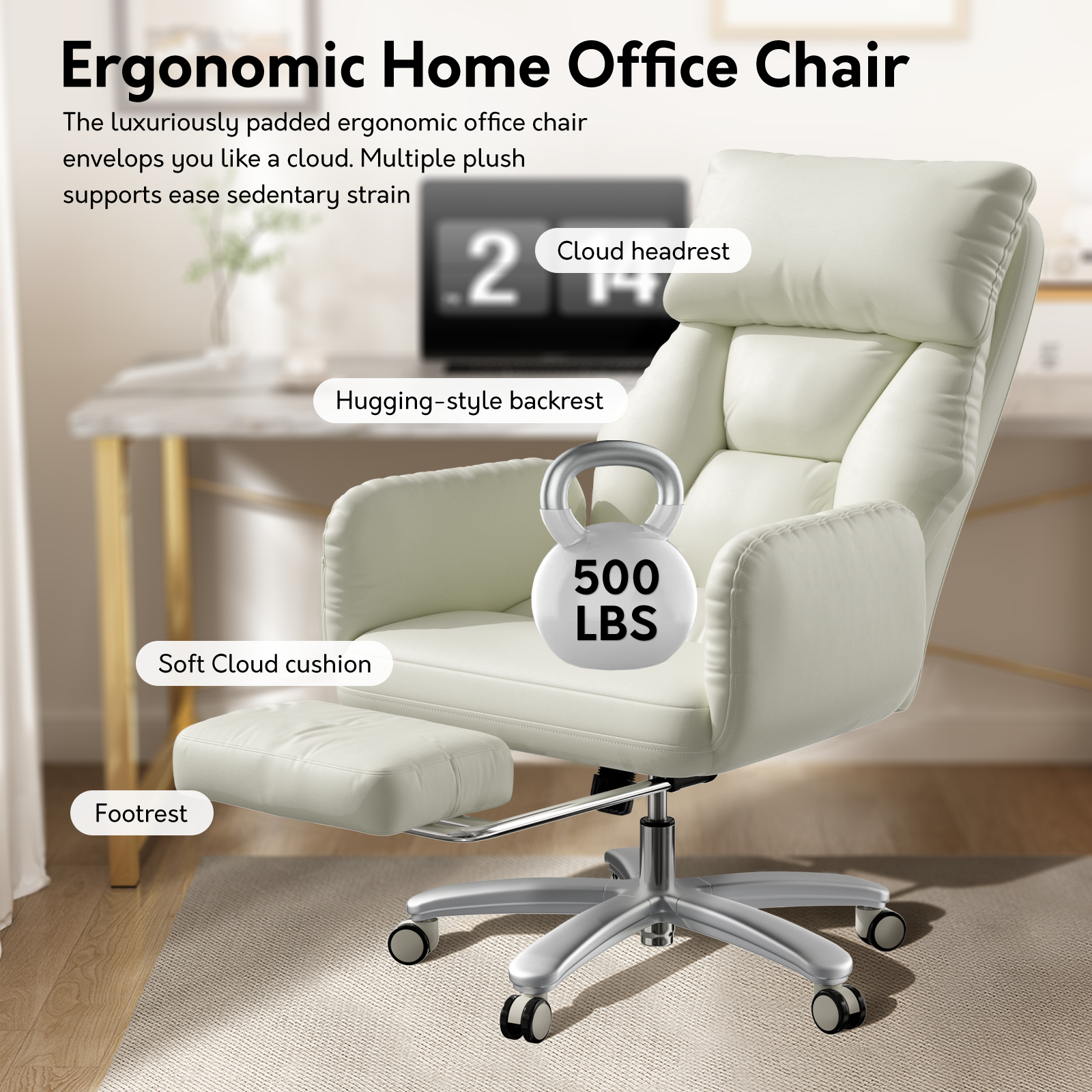Genpo Criss Cross Desk Chair, Cross Legged Office Chair with Wheels, White Leather Big and Tall Reclining Office Chair 500lbs with Foot Rest, Reversible Armrests & Wide Seat - Image 6