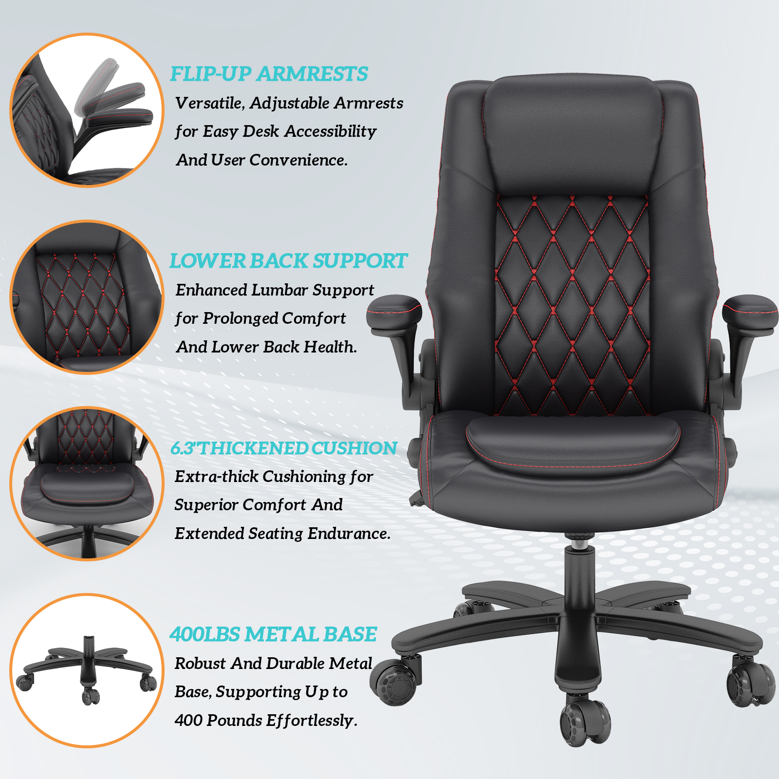 Genpo Big and Tall Office Chair 400LBS, High Back Black Leather Executive Office Chair, Computer Desk Chair with Adjustable Flip-up Arms, Wheels and Lumbar Support - Image 2