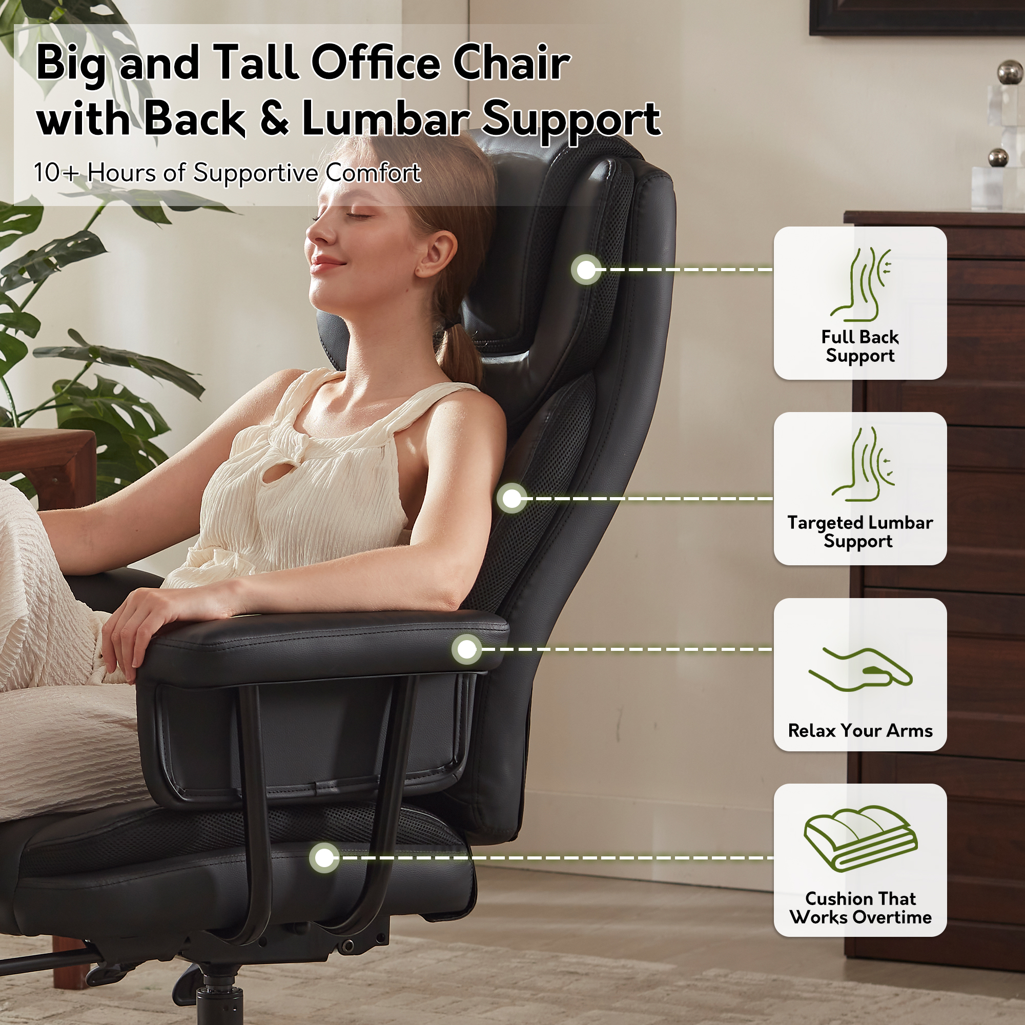 Genpo Reclining Office Chair Big and Tall 400LBS, Executive Office Chair with Footrest, Black Leather Computer Desk Chair with Quiet Wheels, Height Adjustable And Padded Arms - Image 4