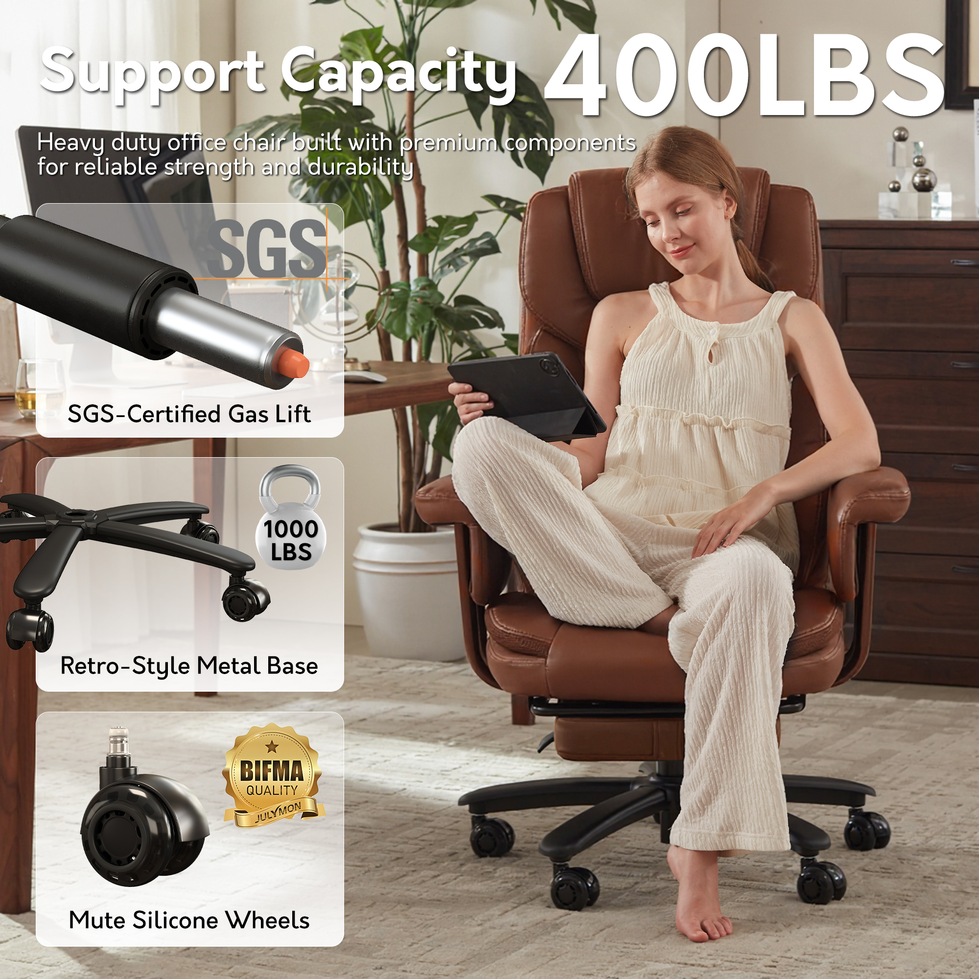 Genpo Reclining Office Chair Big and Tall 400LBS, Executive Office Chair with Footrest, Brown Leather Computer Desk Chair with Quiet Wheels, Height Adjustable And Padded Arms - Image 9