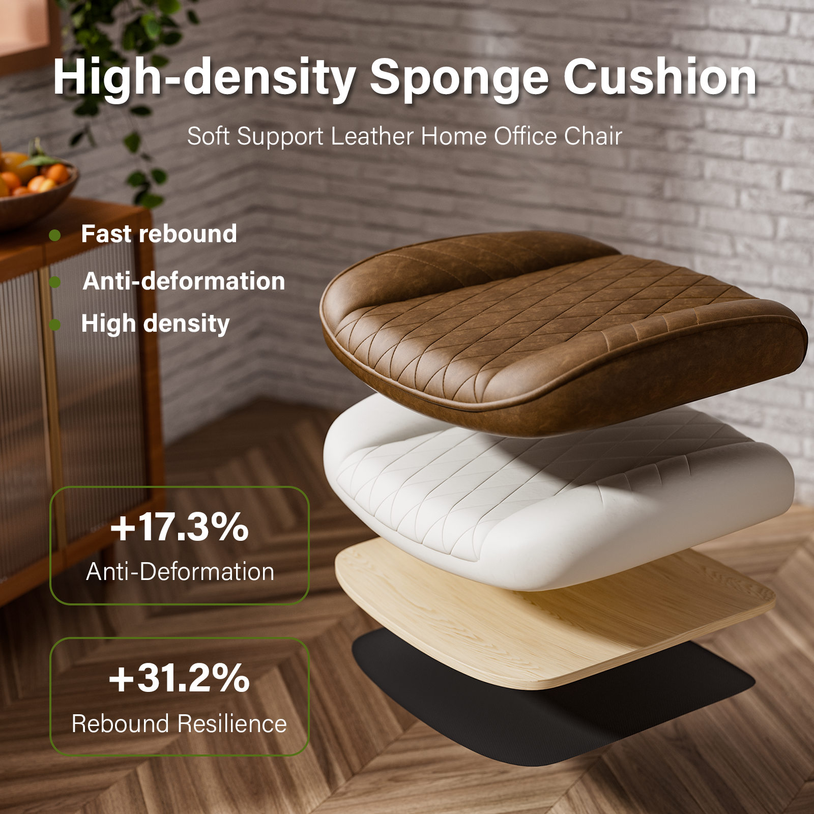 Genpo Brown Leather Office Chair with Wheels Rubber Casters, Padded Arms and Adjustable Height, Mid Century Modern Style Vintage Desk Chair - Image 5