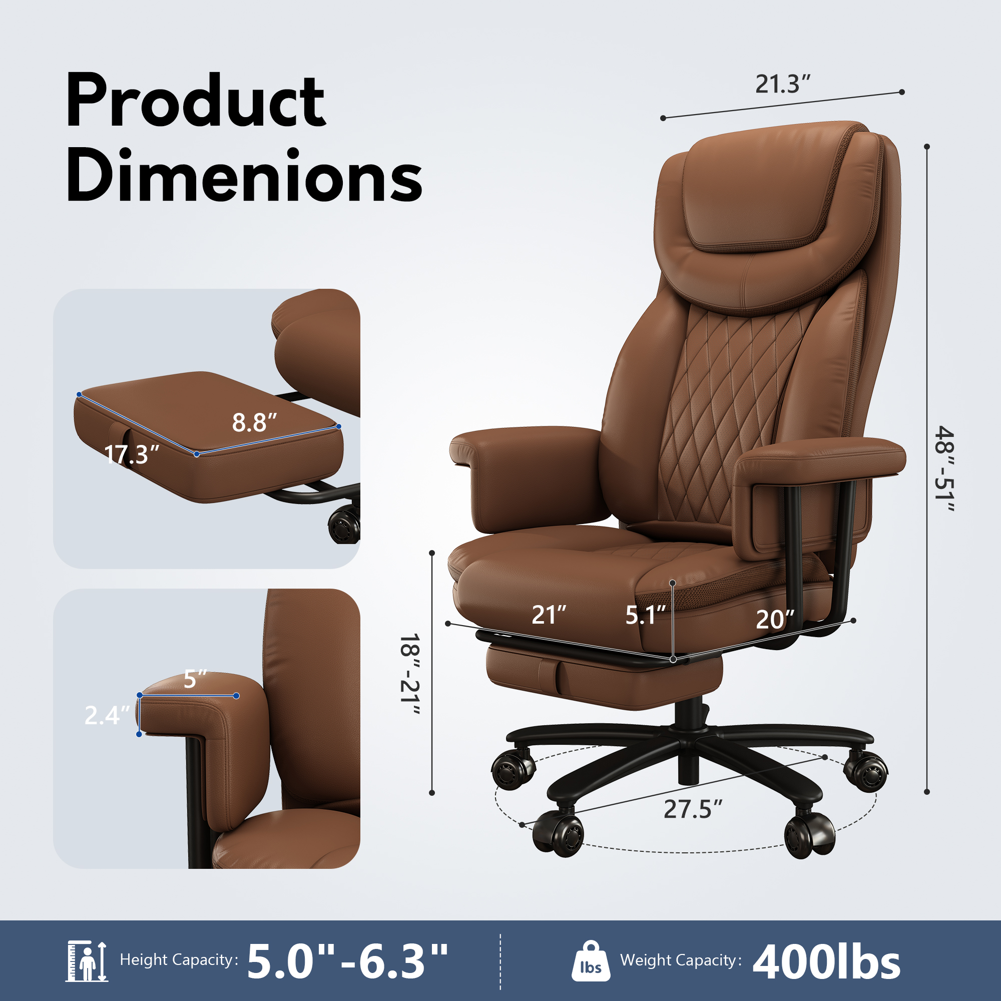 Genpo Reclining Office Chair Big and Tall 400LBS, Executive Office Chair with Footrest, Brown Leather Computer Desk Chair with Quiet Wheels, Height Adjustable And Padded Arms - Image 2