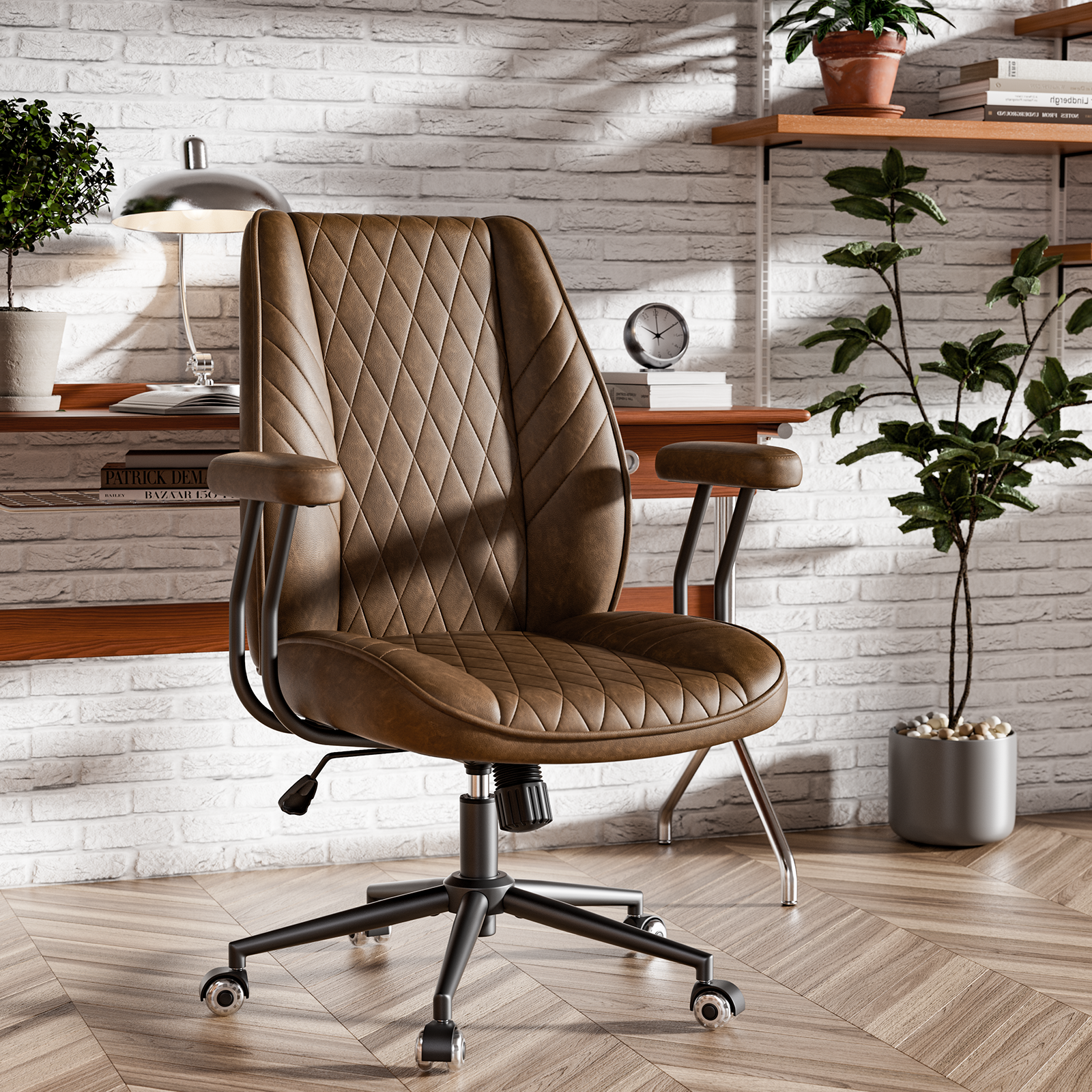 Genpo Brown Leather Office Chair with Wheels Rubber Casters, Padded Arms and Adjustable Height, Mid Century Modern Style Vintage Desk Chair - Image 8