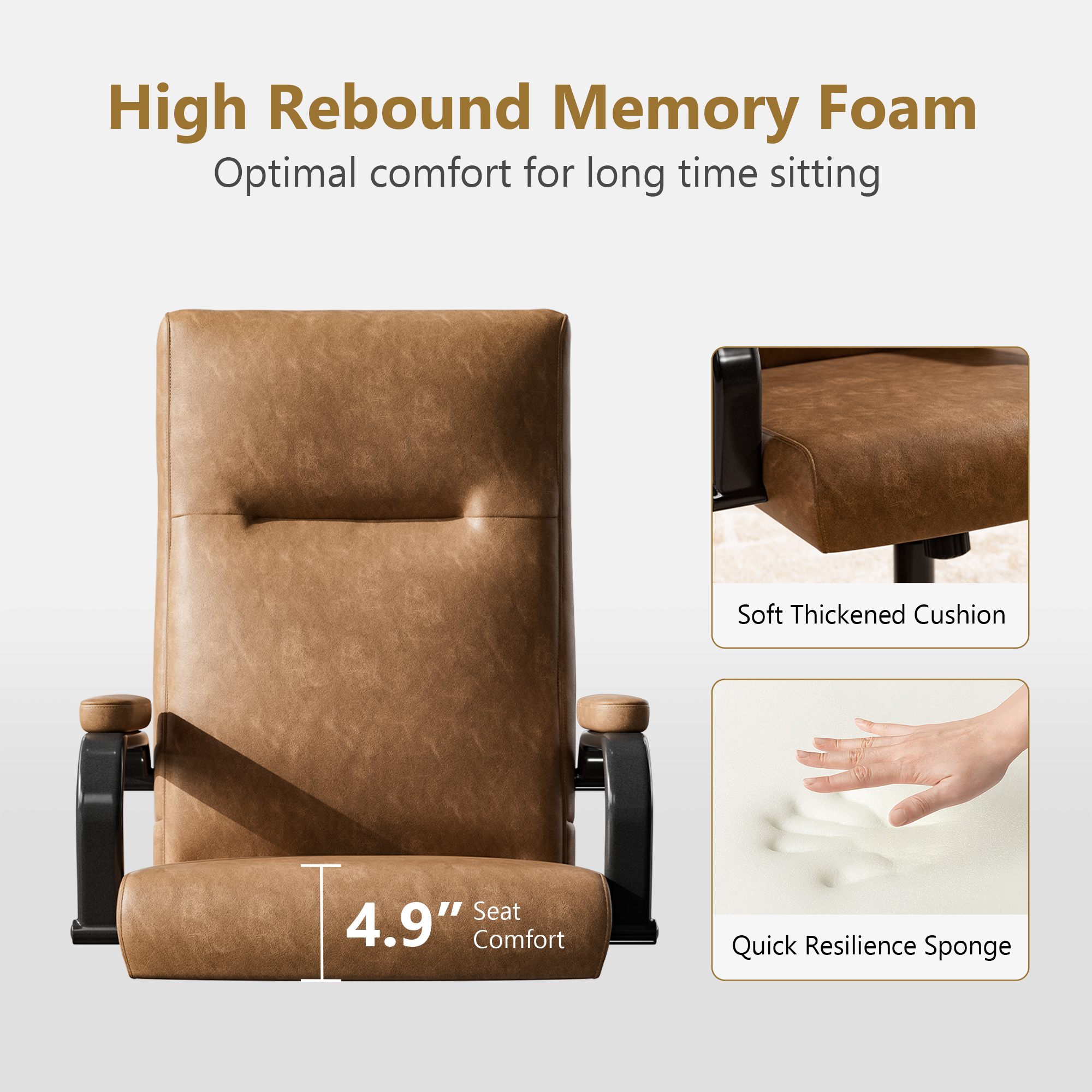 Genpo Brown Leather Office Chair with Wheels, Memory Foam Height Adjustable Computer Desk Chair, Rolling Swivel Executive Chair for Home Office - Image 3