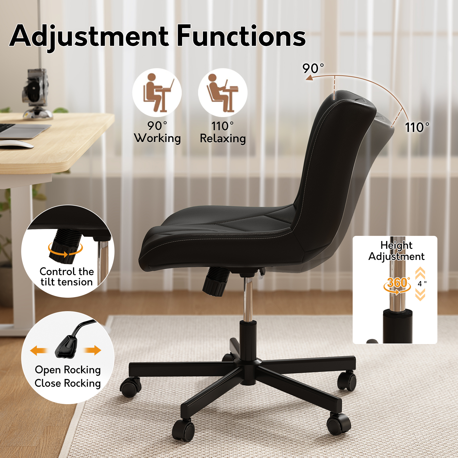 Genpo Armless Desk Chair, Black Leather Office Desk Chairs with Wheels, Mid Back and Lumbar Support for Computer Home Small Space Vanity Makeup - Image 4