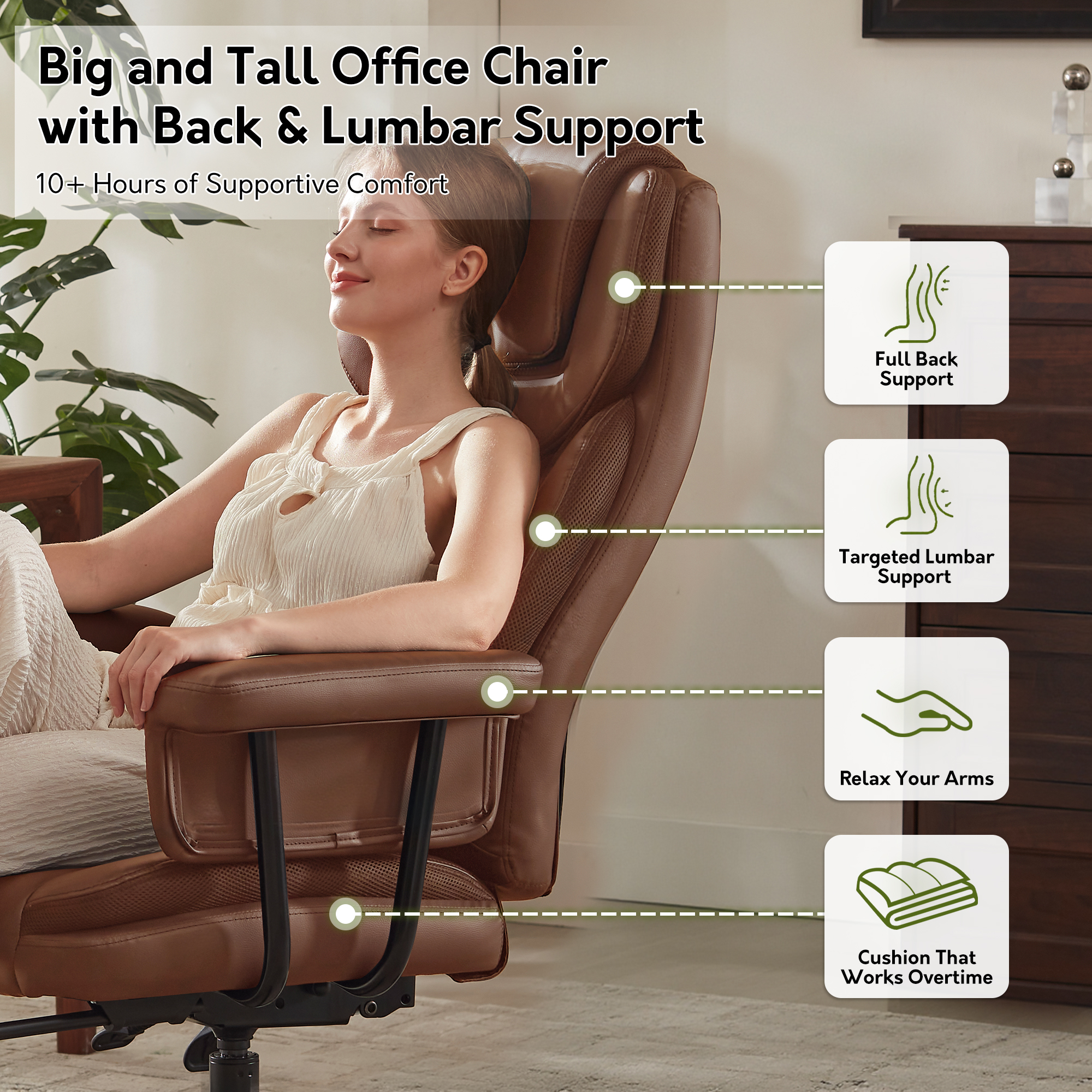 Genpo Reclining Office Chair Big and Tall 400LBS, Executive Office Chair with Footrest, Brown Leather Computer Desk Chair with Quiet Wheels, Height Adjustable And Padded Arms - Image 4