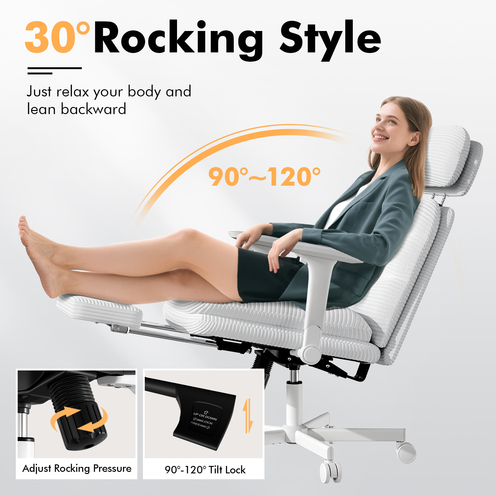 Genpo Criss Cross Chair with Wheels & Flip-up Arms, Executive Office Chair with Foot Rest, Swivel Cross Legged Office Chair, White Corduroy Fabric Comfy Computer Desk Chair, Vanity Chair for Home - Image 3