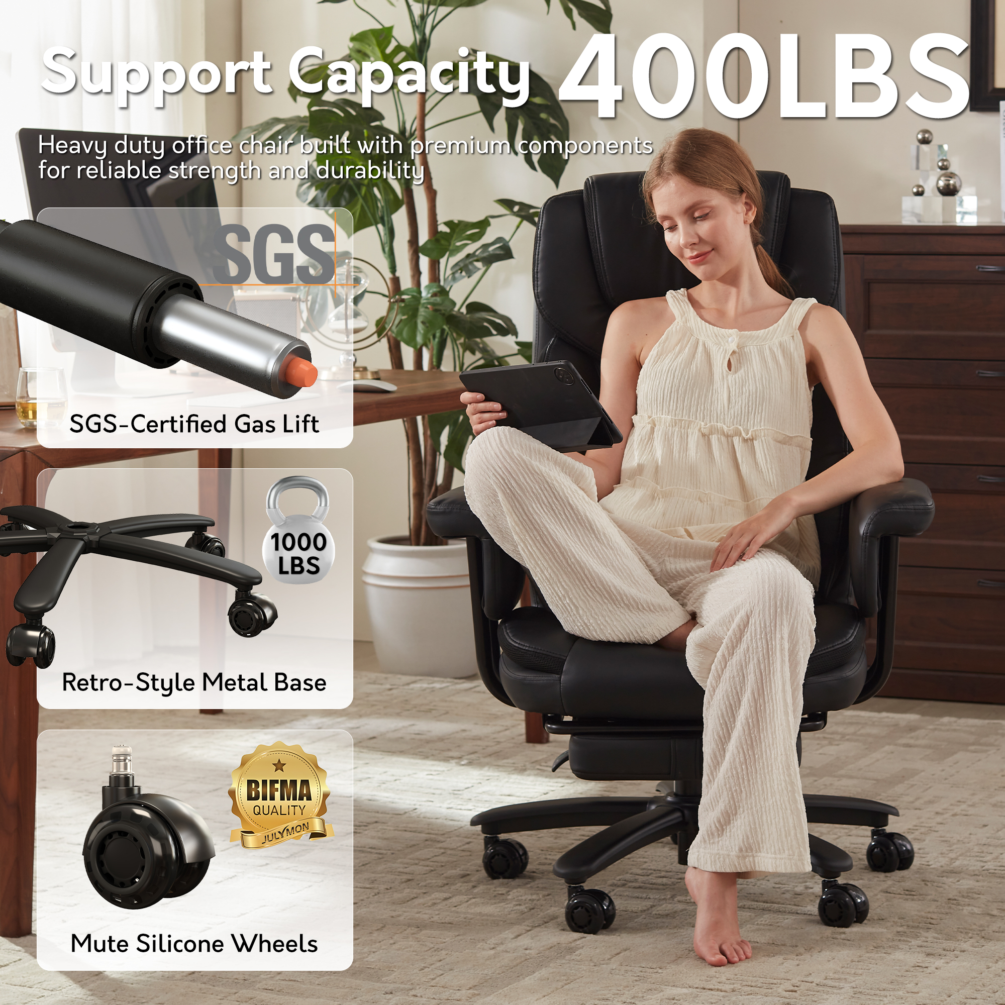 Genpo Reclining Office Chair Big and Tall 400LBS, Executive Office Chair with Footrest, Black Leather Computer Desk Chair with Quiet Wheels, Height Adjustable And Padded Arms - Image 8