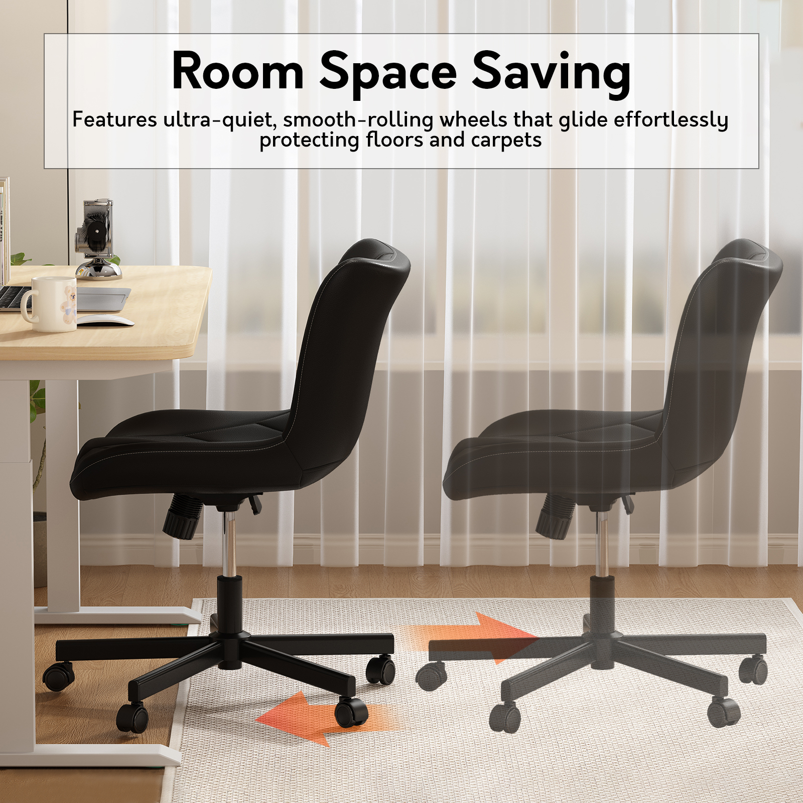 Genpo Armless Desk Chair, Black Leather Office Desk Chairs with Wheels, Mid Back and Lumbar Support for Computer Home Small Space Vanity Makeup - Image 7