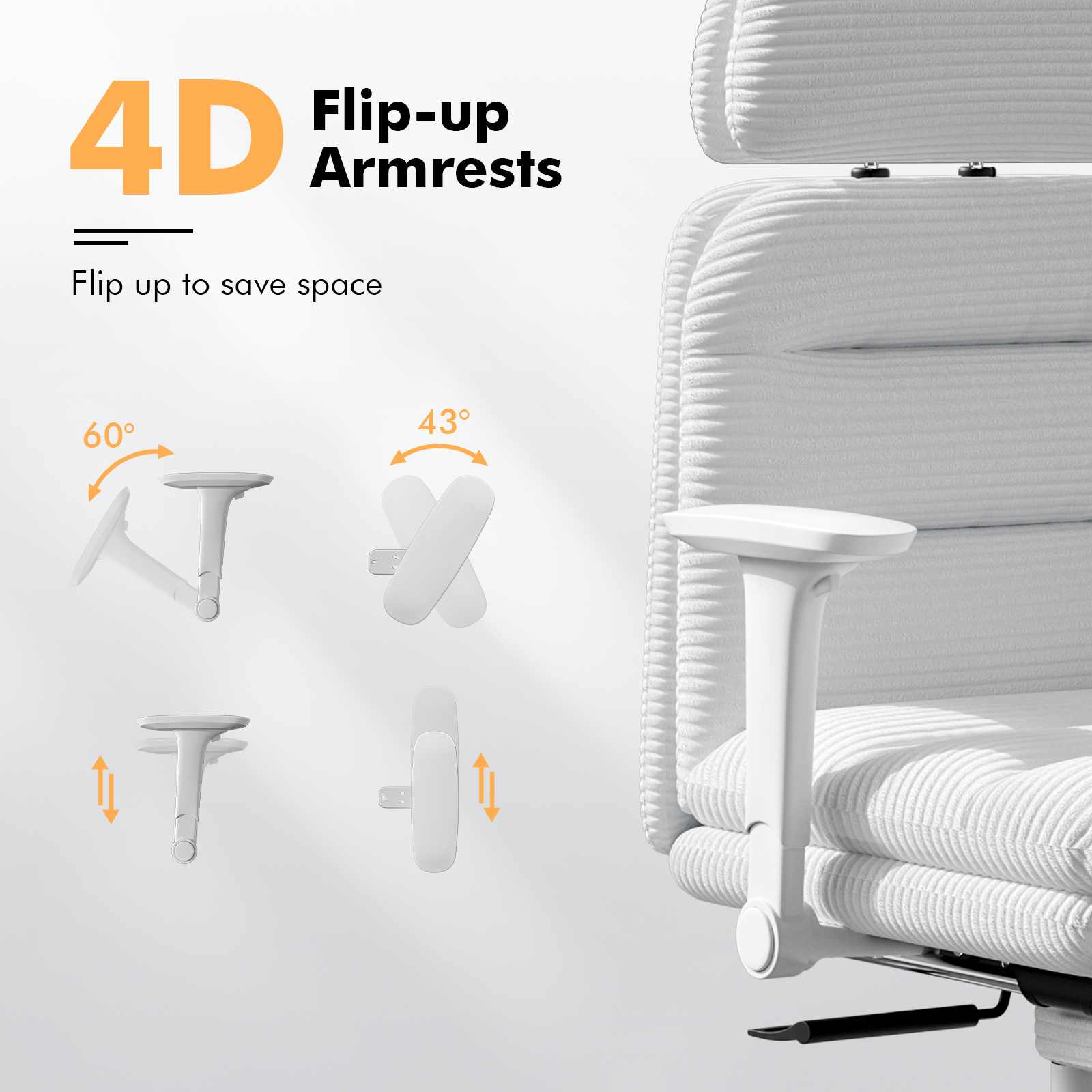 Genpo Criss Cross Chair with Wheels & Flip-up Arms, Executive Office Chair with Foot Rest, Swivel Cross Legged Office Chair, White Corduroy Fabric Comfy Computer Desk Chair, Vanity Chair for Home - Image 5