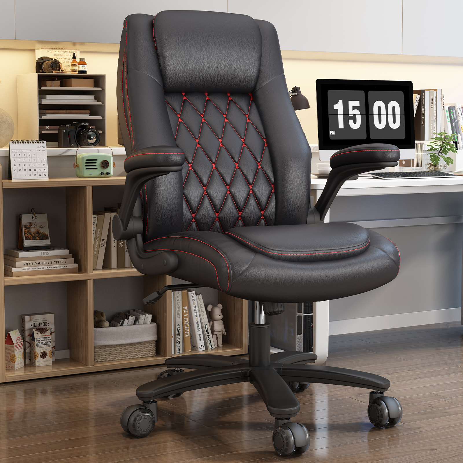 Genpo Big and Tall Office Chair 400LBS, High Back Black Leather Executive Office Chair, Computer Desk Chair with Adjustable Flip-up Arms, Wheels and Lumbar Support