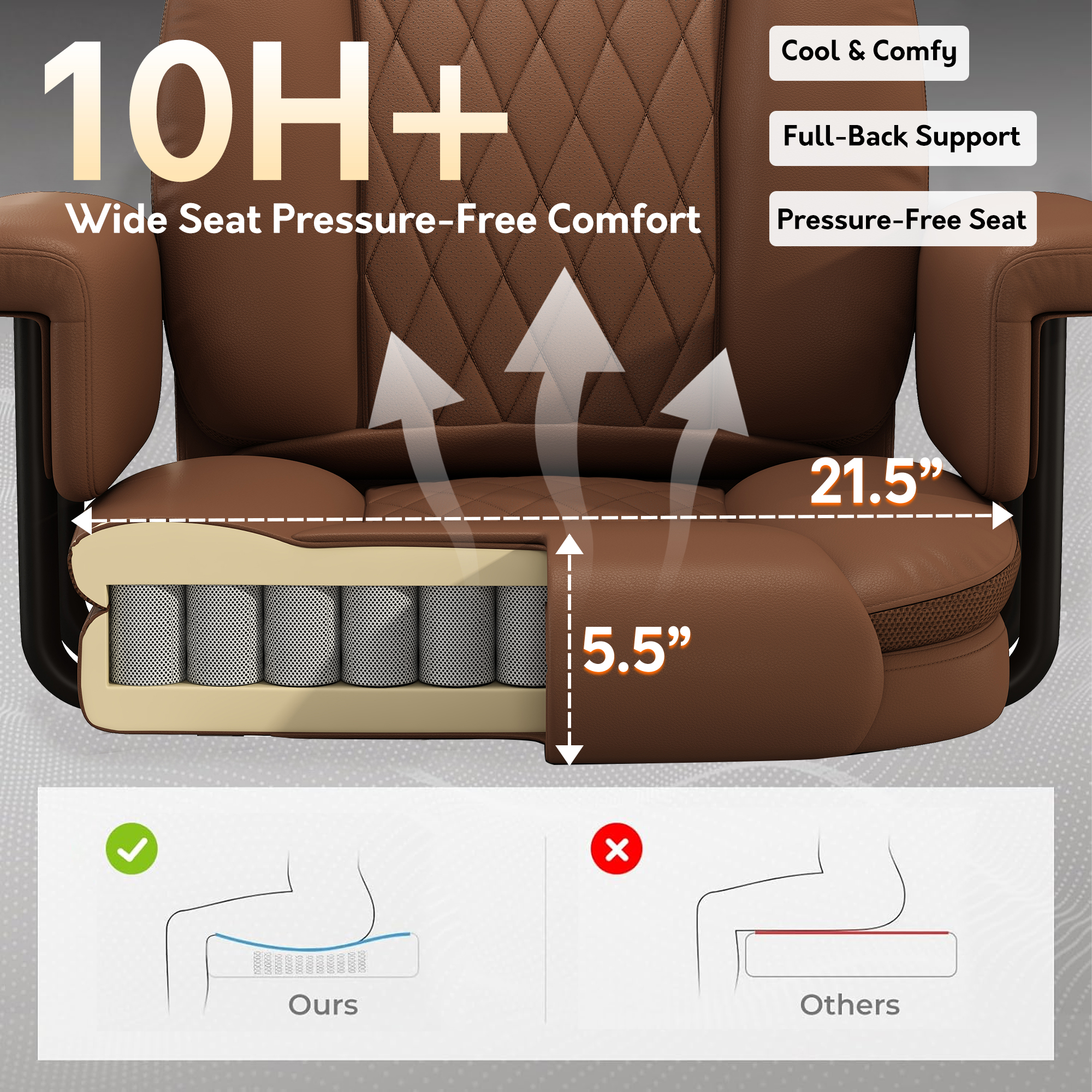 Genpo Reclining Office Chair Big and Tall 400LBS, Executive Office Chair with Footrest, Brown Leather Computer Desk Chair with Quiet Wheels, Height Adjustable And Padded Arms - Image 6