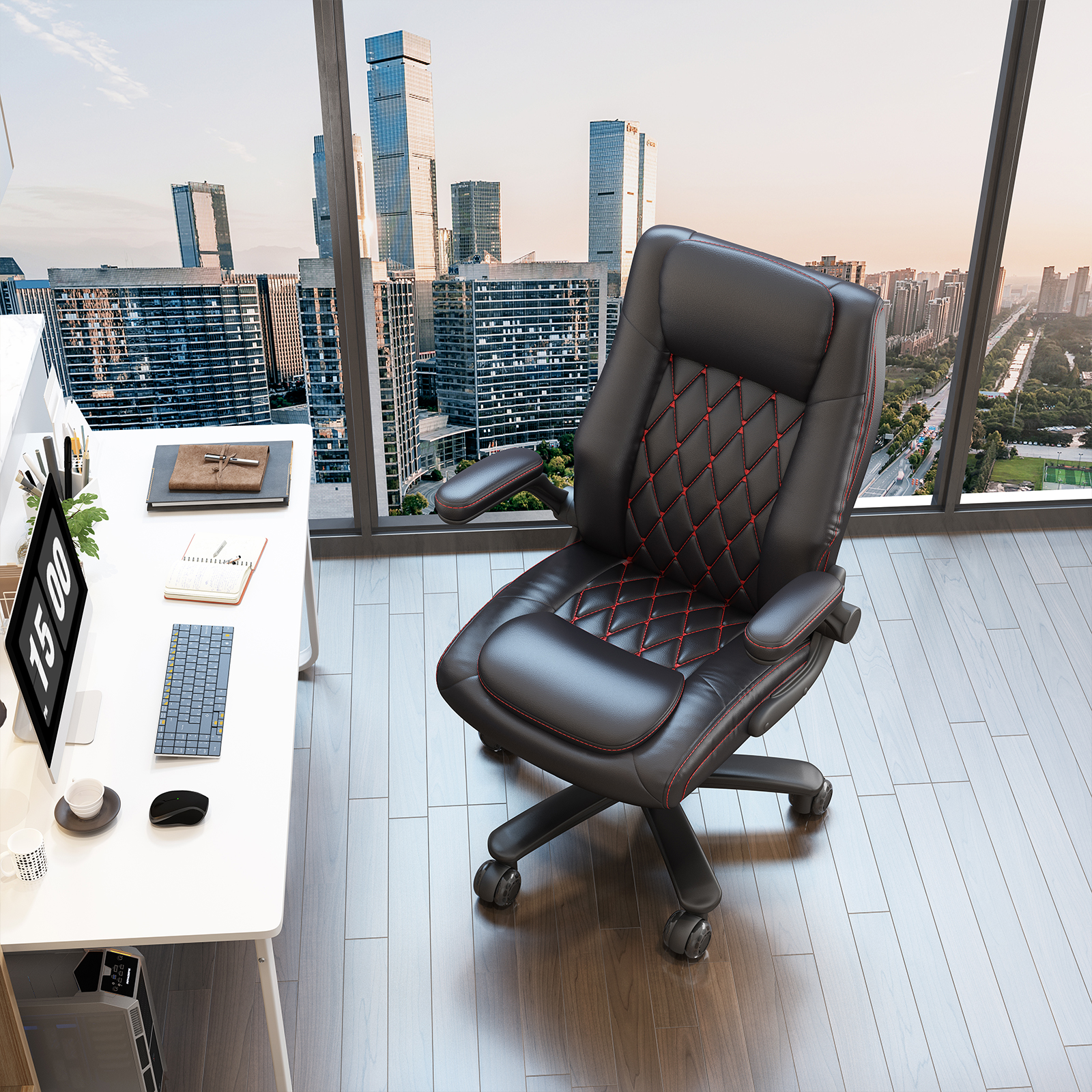 Genpo Big and Tall Office Chair 400LBS, High Back Black Leather Executive Office Chair, Computer Desk Chair with Adjustable Flip-up Arms, Wheels and Lumbar Support - Image 5