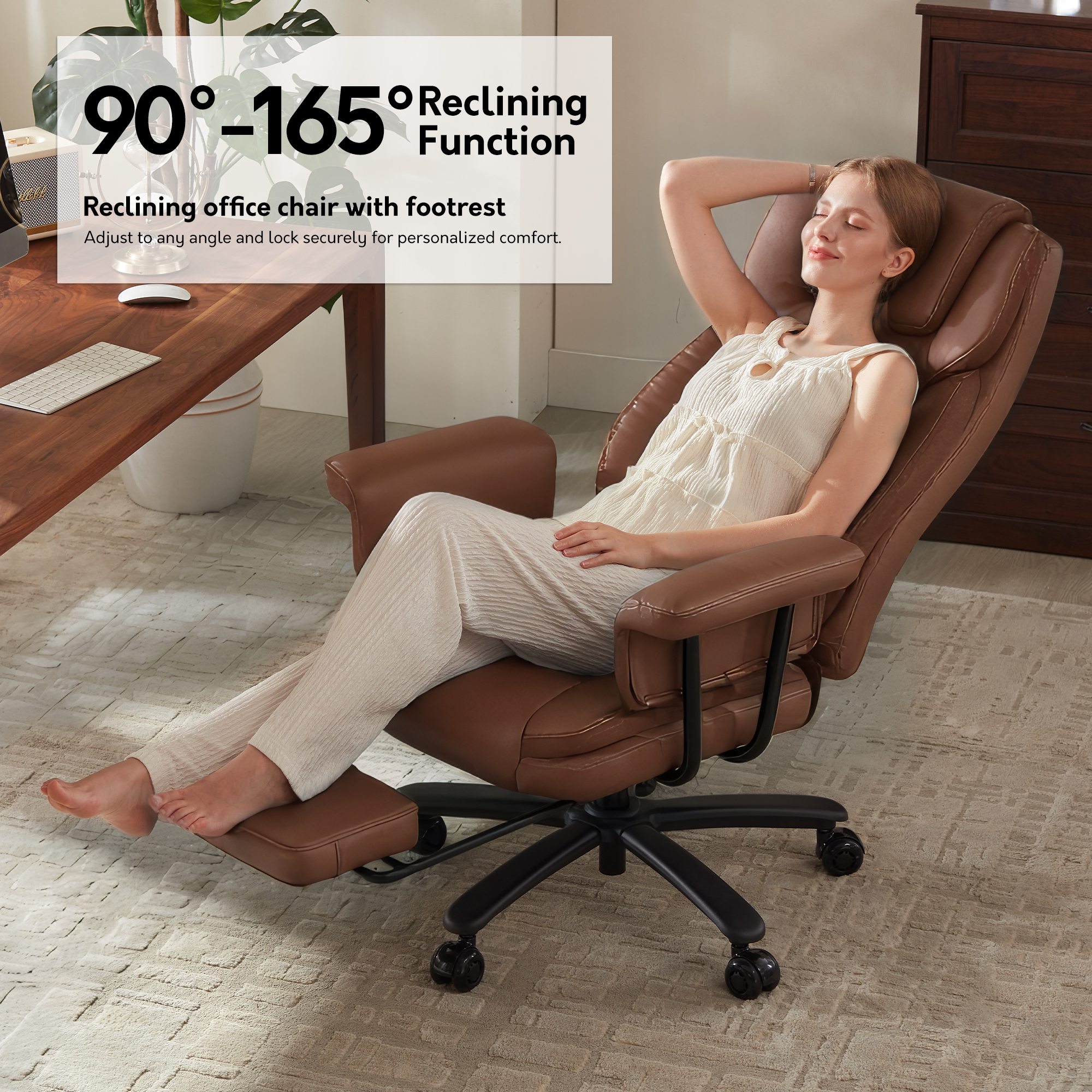 Genpo Reclining Office Chair Big and Tall 400LBS, Executive Office Chair with Footrest, Brown Leather Computer Desk Chair with Quiet Wheels, Height Adjustable And Padded Arms - Image 8