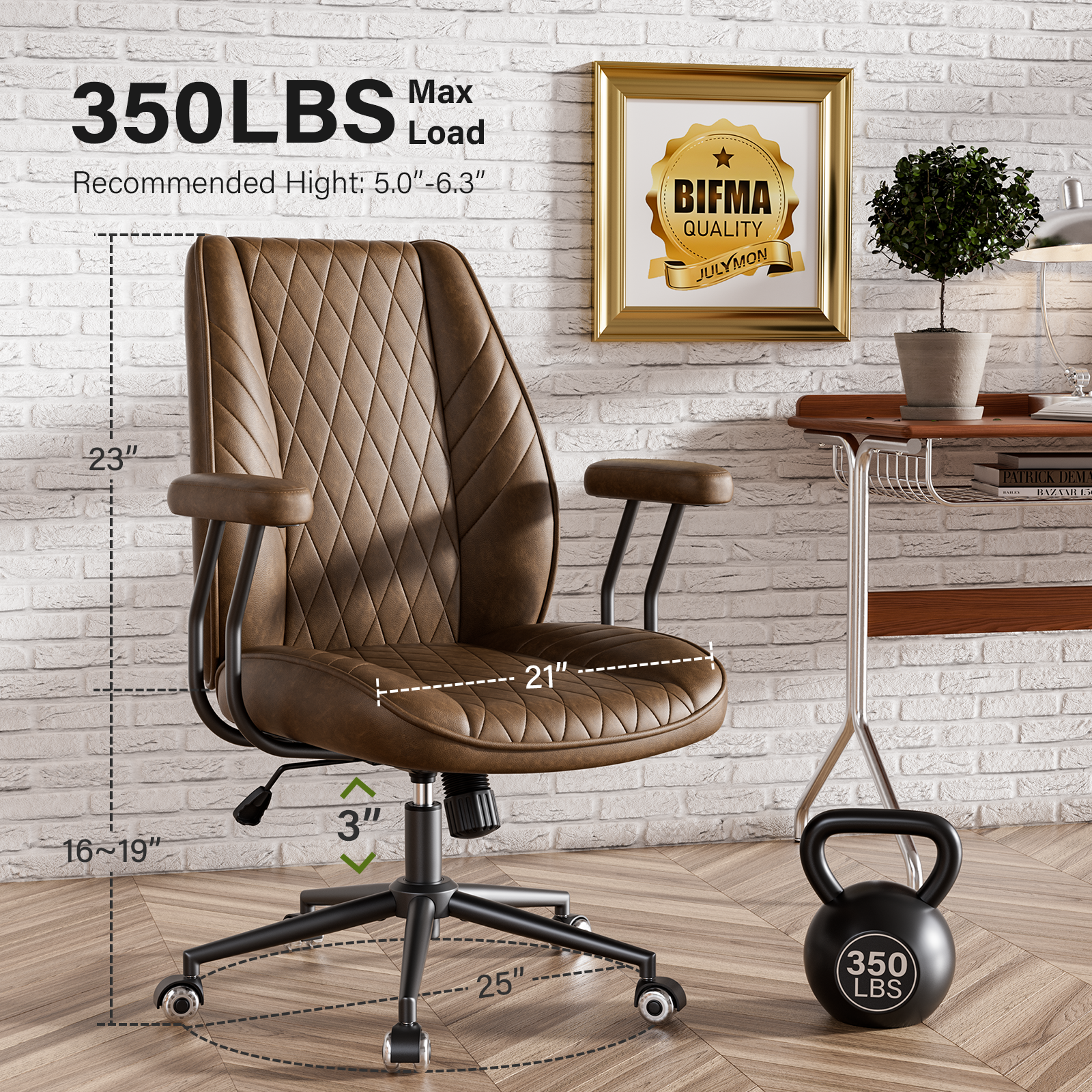 Genpo Brown Leather Office Chair with Wheels Rubber Casters, Padded Arms and Adjustable Height, Mid Century Modern Style Vintage Desk Chair - Image 2