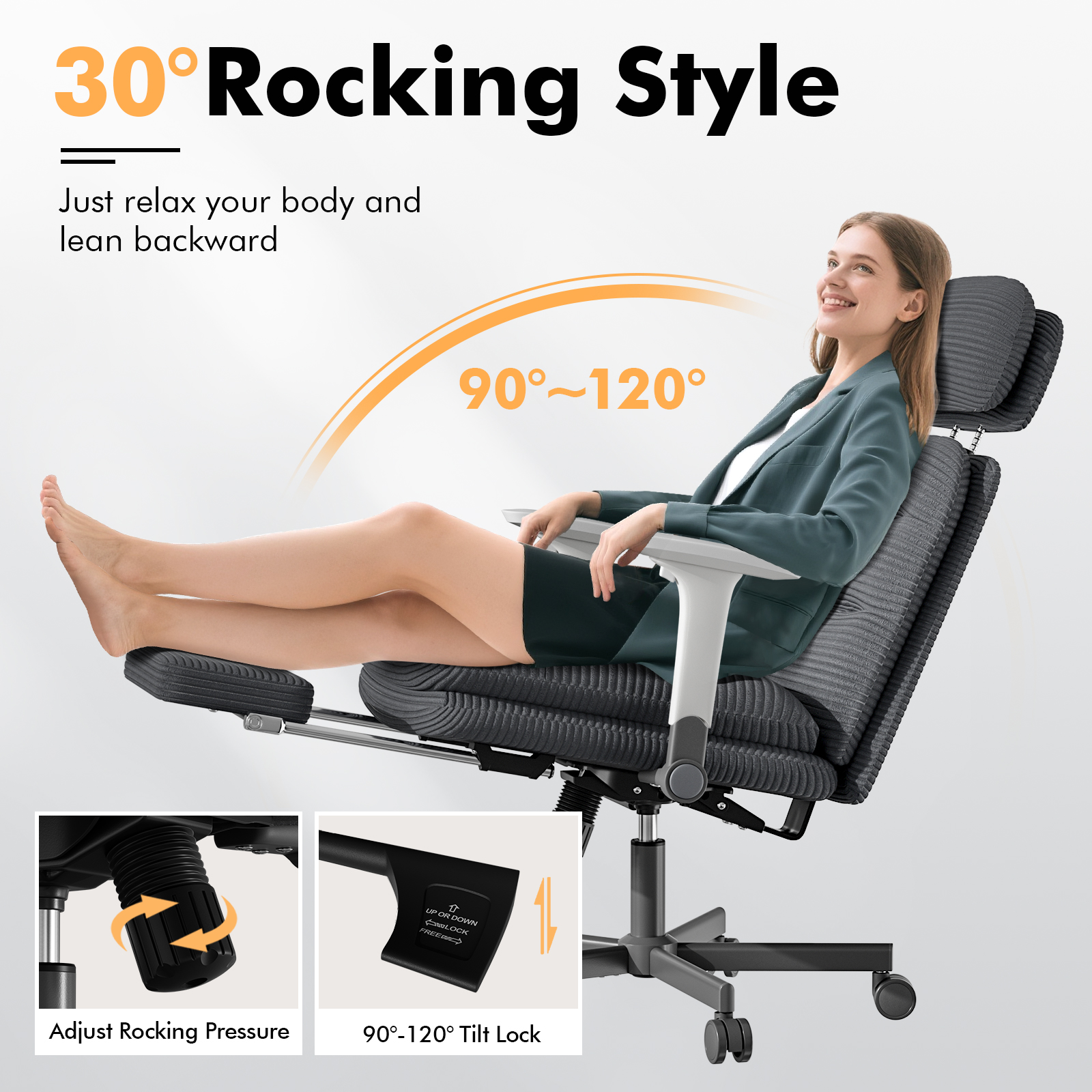 Genpo Criss Cross Chair with Wheels & Flip-up Arms, Executive Office Chair with Foot Rest, Swivel Cross Legged Office Chair, Black Corduroy Fabric Comfy Computer Desk Chair, Vanity Chair for Home - Image 3