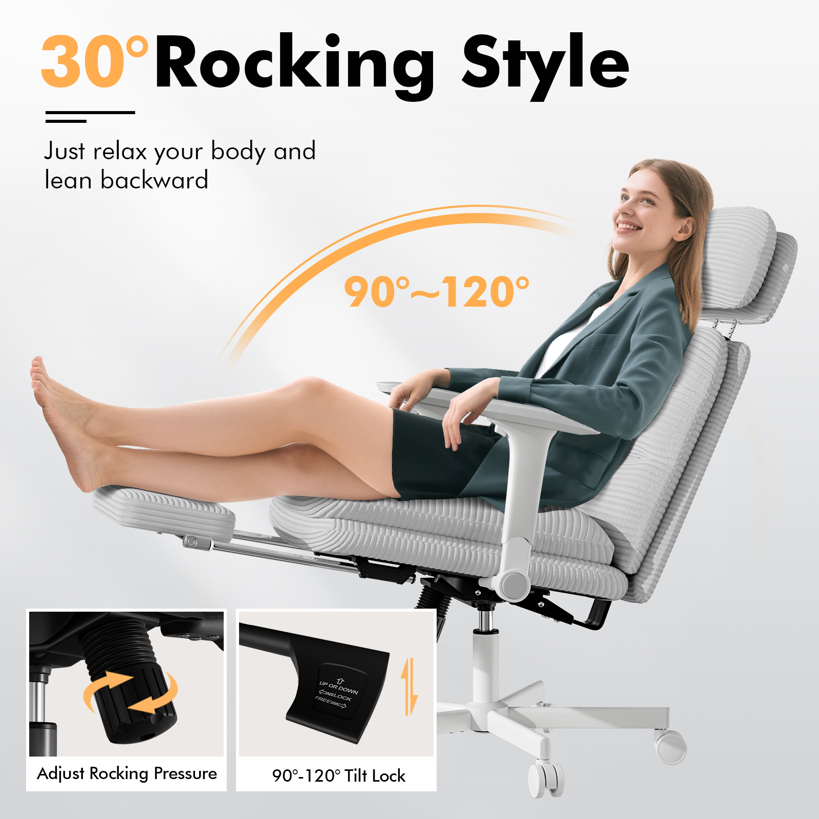 Genpo Criss Cross Chair with Wheels & Flip-up Arms, Executive Office Chair with Foot Rest, Swivel Cross Legged Office Chair, Gray Corduroy Fabric Comfy Computer Desk Chair, Vanity Chair for Home - Image 3