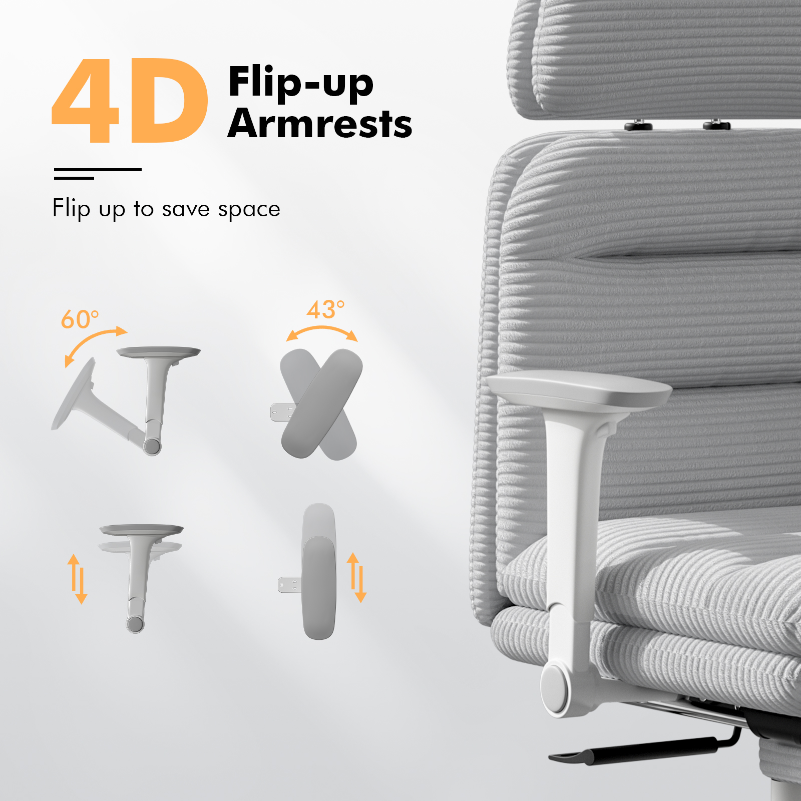 Genpo Criss Cross Chair with Wheels & Flip-up Arms, Executive Office Chair with Foot Rest, Swivel Cross Legged Office Chair, Gray Corduroy Fabric Comfy Computer Desk Chair, Vanity Chair for Home - Image 5
