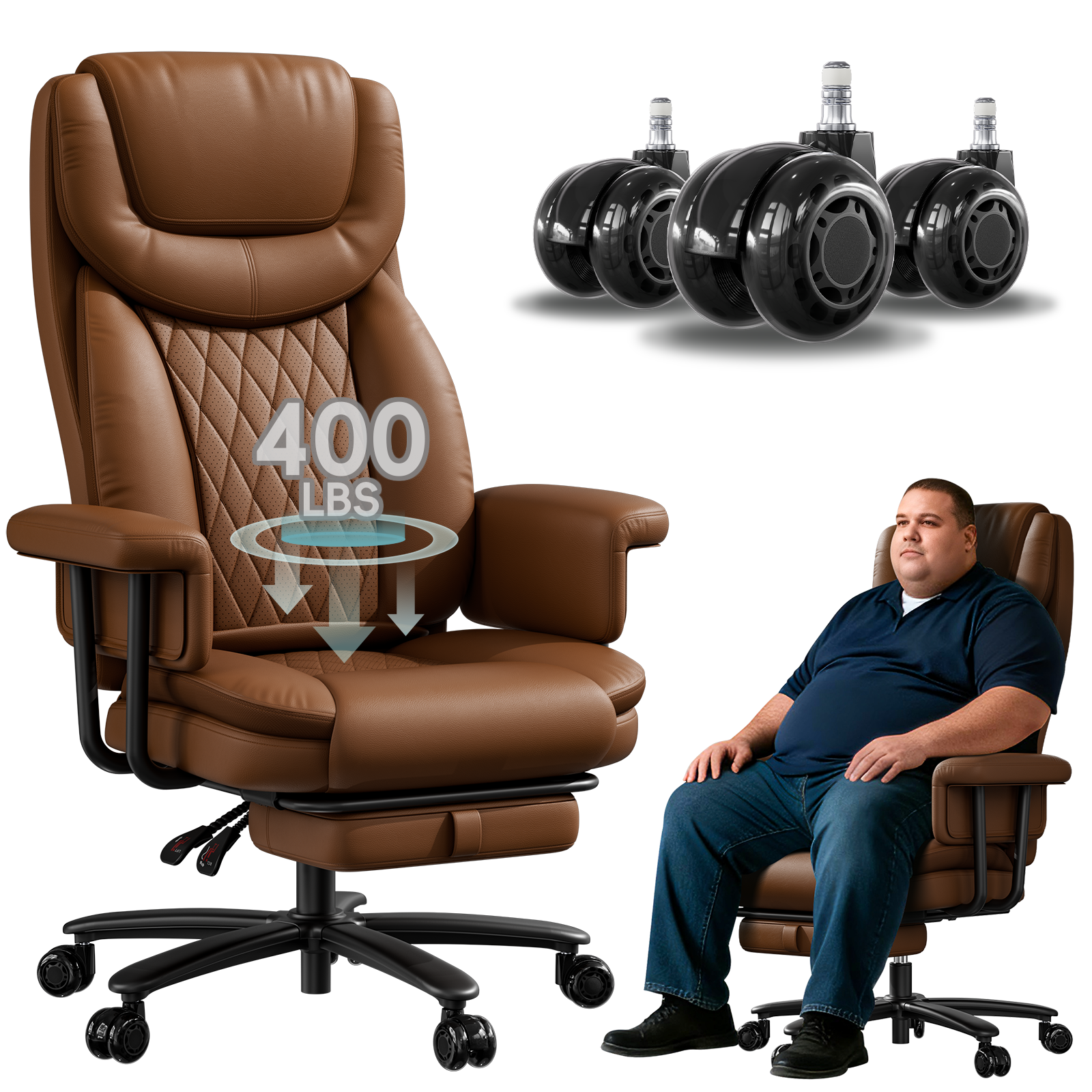 Genpo Reclining Office Chair Big and Tall 400LBS, Executive Office Chair with Footrest, Brown Leather Computer Desk Chair with Quiet Wheels, Height Adjustable And Padded Arms