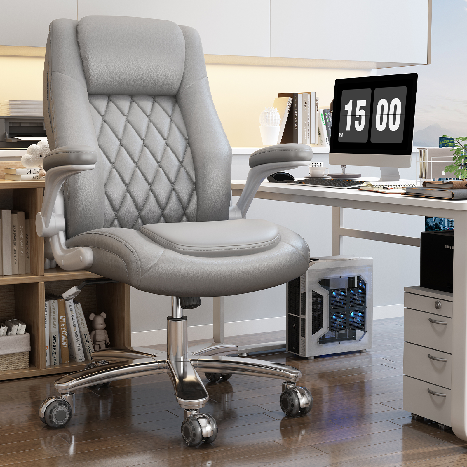 Genpo Big and Tall Office Chair 400 lbs, High Back PU Leather Executive Office Chair with Lumbar Support and Rubber Wheels, Flip-up Armrests Computer Desk Chairs, Gray