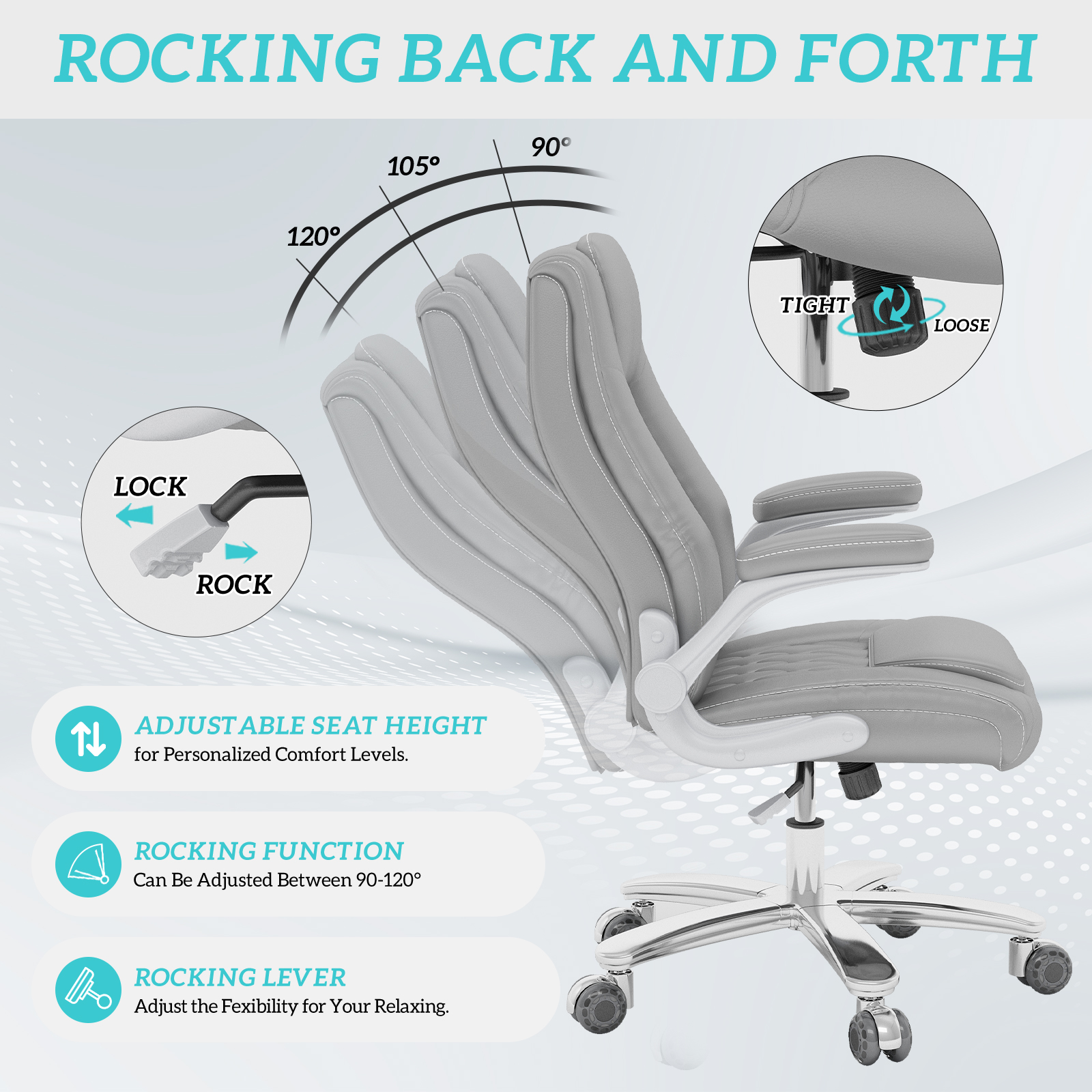 Genpo Big and Tall Office Chair 400 lbs, High Back PU Leather Executive Office Chair with Lumbar Support and Rubber Wheels, Flip-up Armrests Computer Desk Chairs, Gray - Image 3