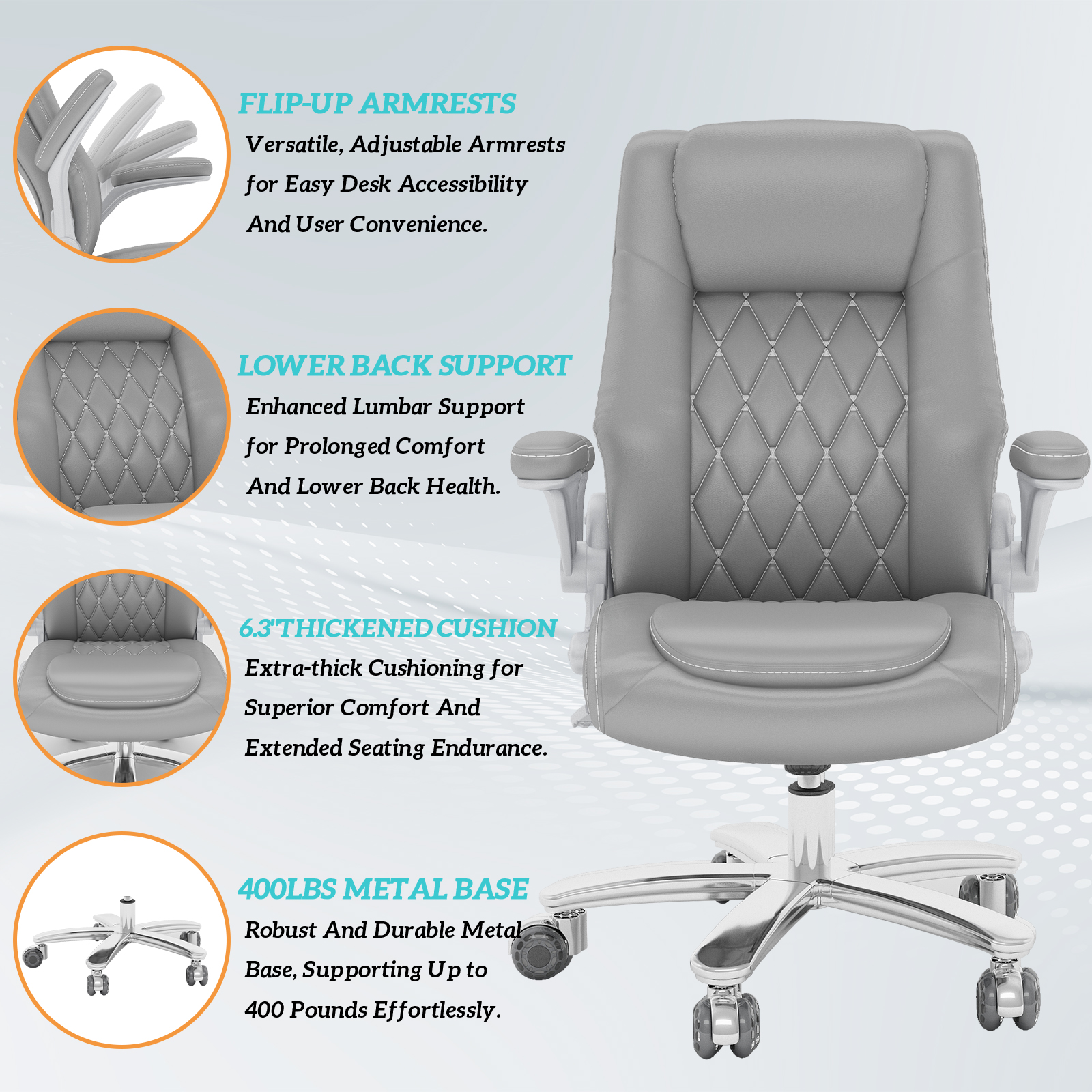 Genpo Big and Tall Office Chair 400 lbs, High Back PU Leather Executive Office Chair with Lumbar Support and Rubber Wheels, Flip-up Armrests Computer Desk Chairs, Gray - Image 5