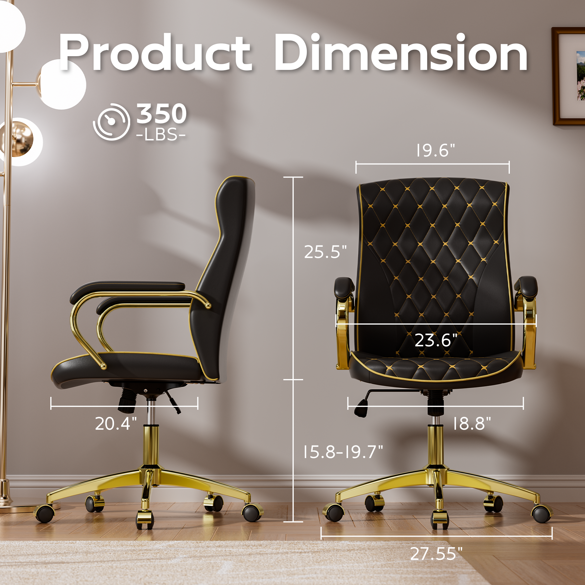 Black and Gold Office Chair with Soft Leather Embroidery, Mid Back Vintage Swivel Executive Desk Chair with Wheels and Padded Arms, Adjustable Height - Image 2
