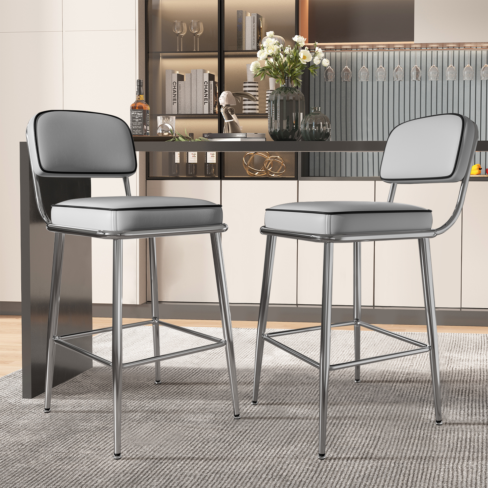 Genpo Counter Height Bar Stools Set of 2, 26" Gray Fabric Kitchen Counter Stools with Backs, Metal Legs, Footrest and Wide Seat, Bar Chairs for Kitchen Island