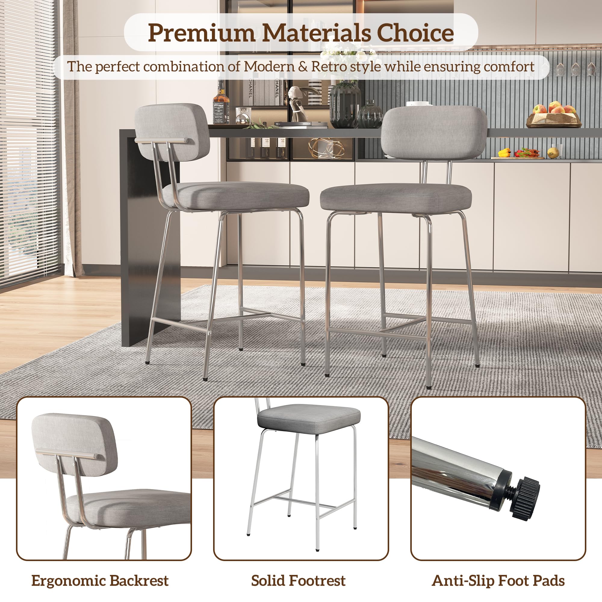 Genpo Counter Height Bar Stools Set of 3, 26" Gray Fabric Kitchen Counter Stools with Backs, Metal Legs, Footrest and Wide Seat, Bar Chairs for Kitchen Island - Image 4