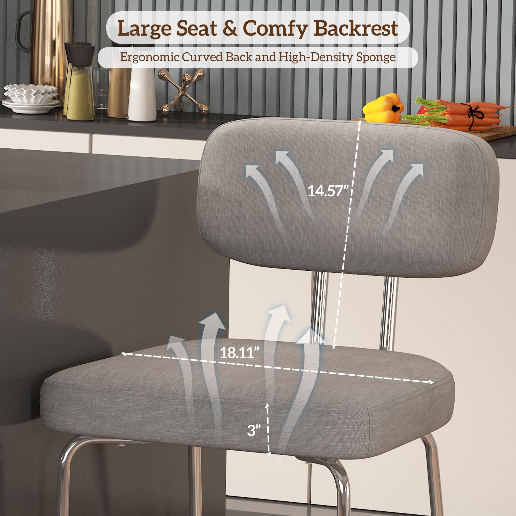 Genpo Counter Height Bar Stools Set of 3, 26" Gray Fabric Kitchen Counter Stools with Backs, Metal Legs, Footrest and Wide Seat, Bar Chairs for Kitchen Island - Image 6