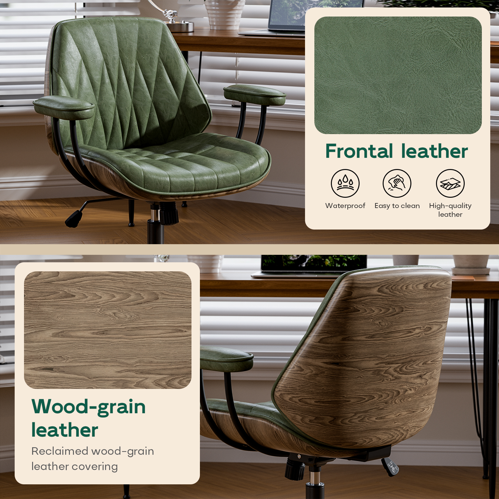Genpo Mid Century Modern Office Desk Chair with Arms, Olive Green Faux Leather Computer Chair, Height Adjustable Vintage Swivel Task Chair for Home Office - Image 3