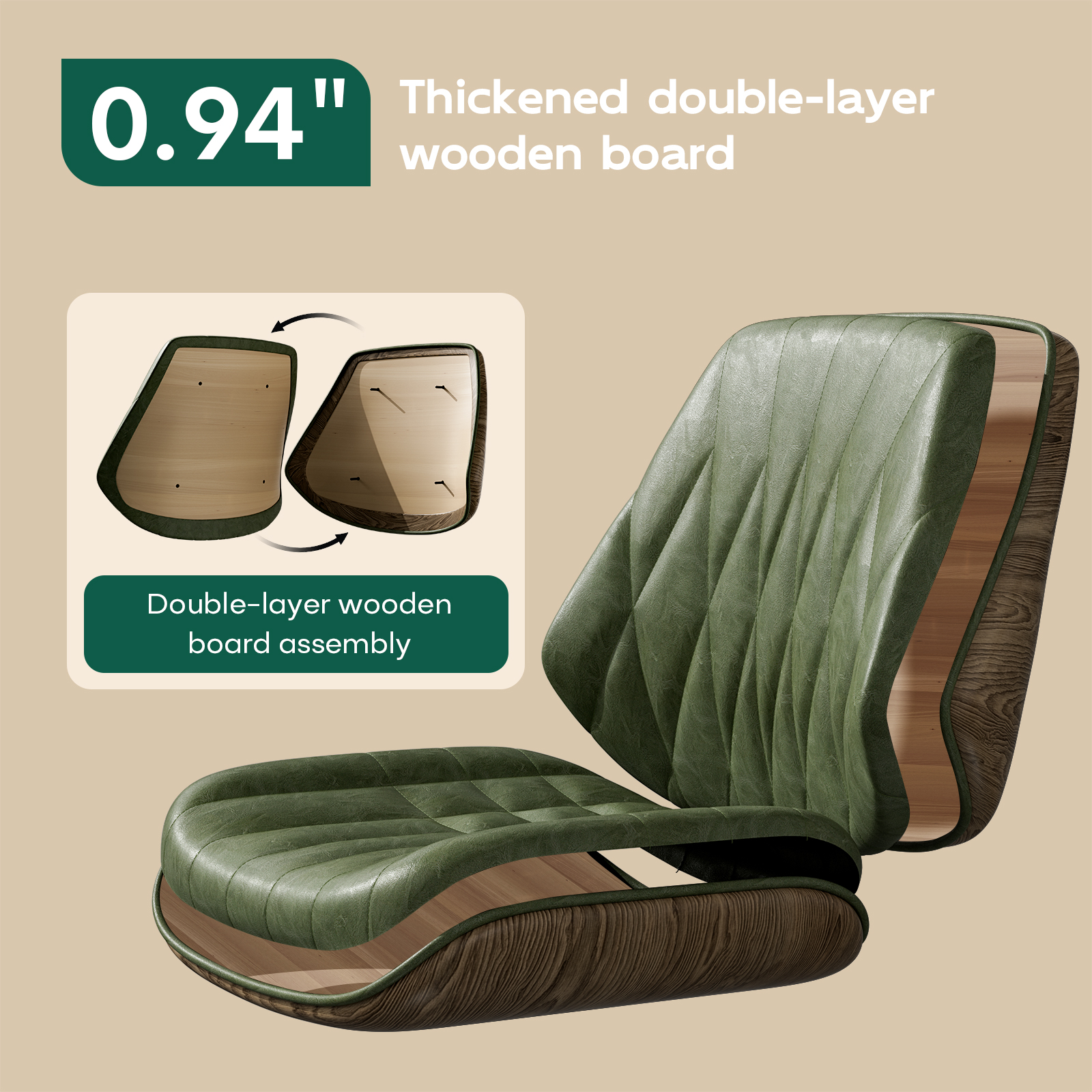 Genpo Mid Century Modern Office Desk Chair with Arms, Olive Green Faux Leather Computer Chair, Height Adjustable Vintage Swivel Task Chair for Home Office - Image 4
