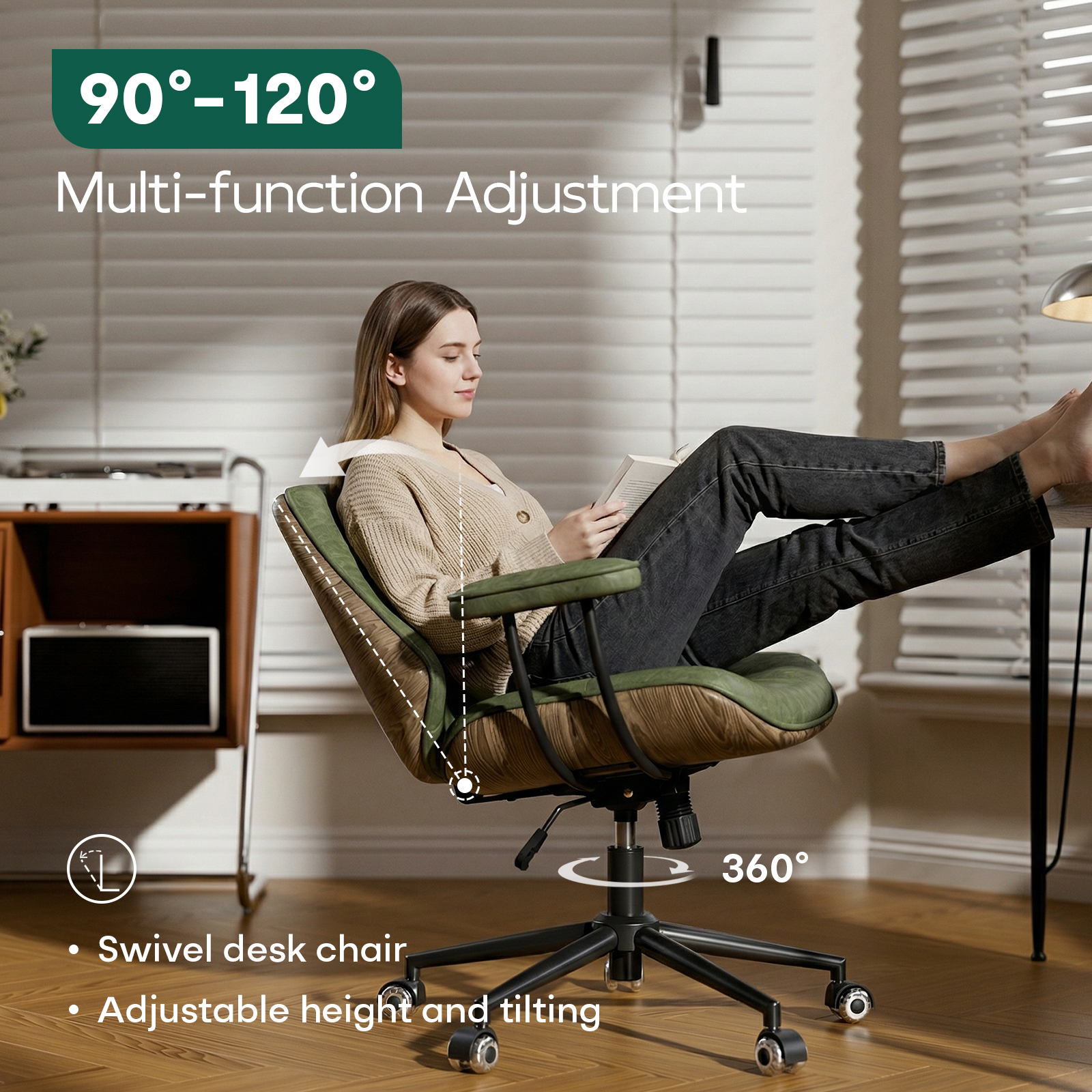 Genpo Mid Century Modern Office Desk Chair with Arms, Olive Green Faux Leather Computer Chair, Height Adjustable Vintage Swivel Task Chair for Home Office - Image 7