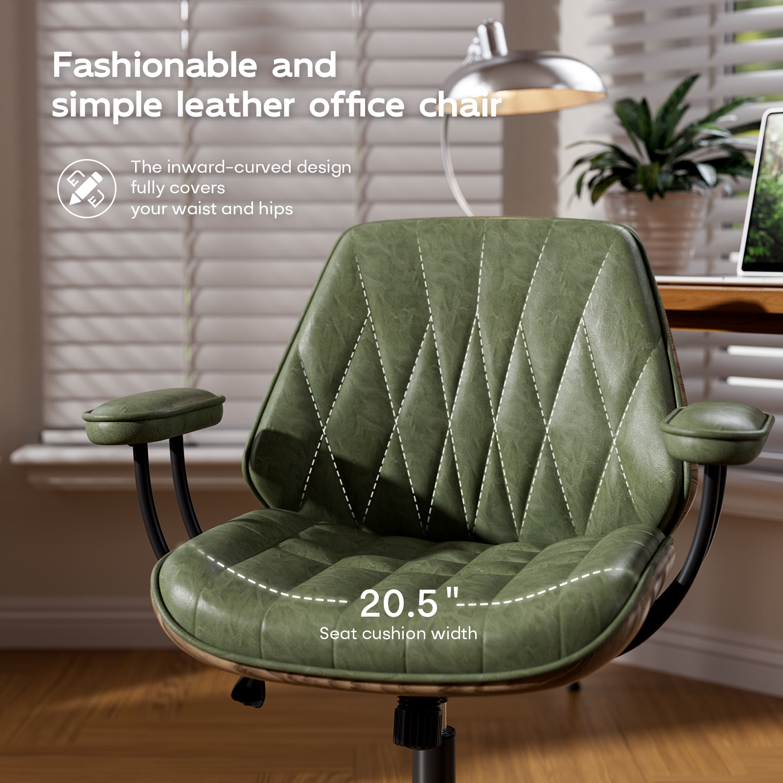 Genpo Mid Century Modern Office Desk Chair with Arms, Olive Green Faux Leather Computer Chair, Height Adjustable Vintage Swivel Task Chair for Home Office - Image 8