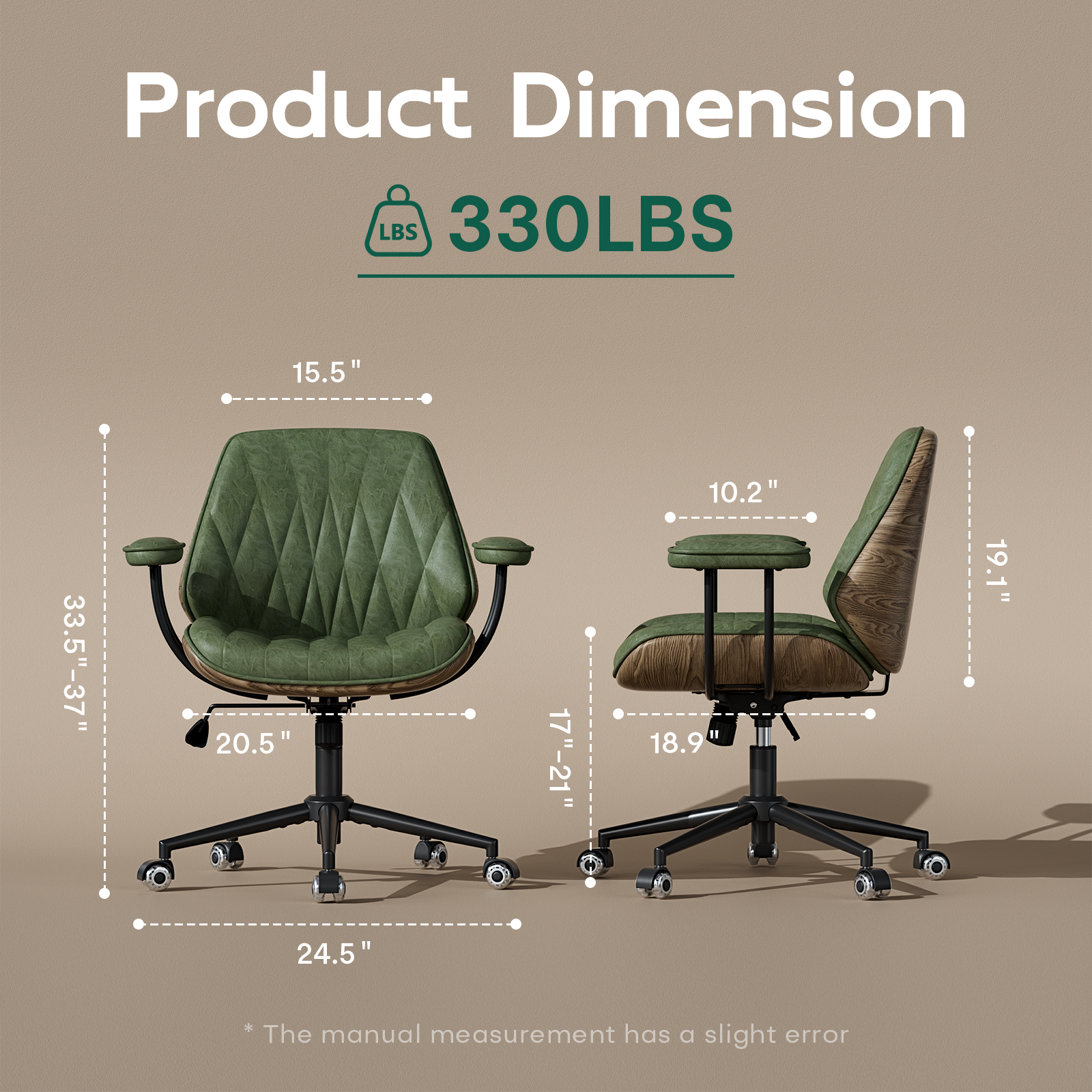 Genpo Mid Century Modern Office Desk Chair with Arms, Olive Green Faux Leather Computer Chair, Height Adjustable Vintage Swivel Task Chair for Home Office - Image 2
