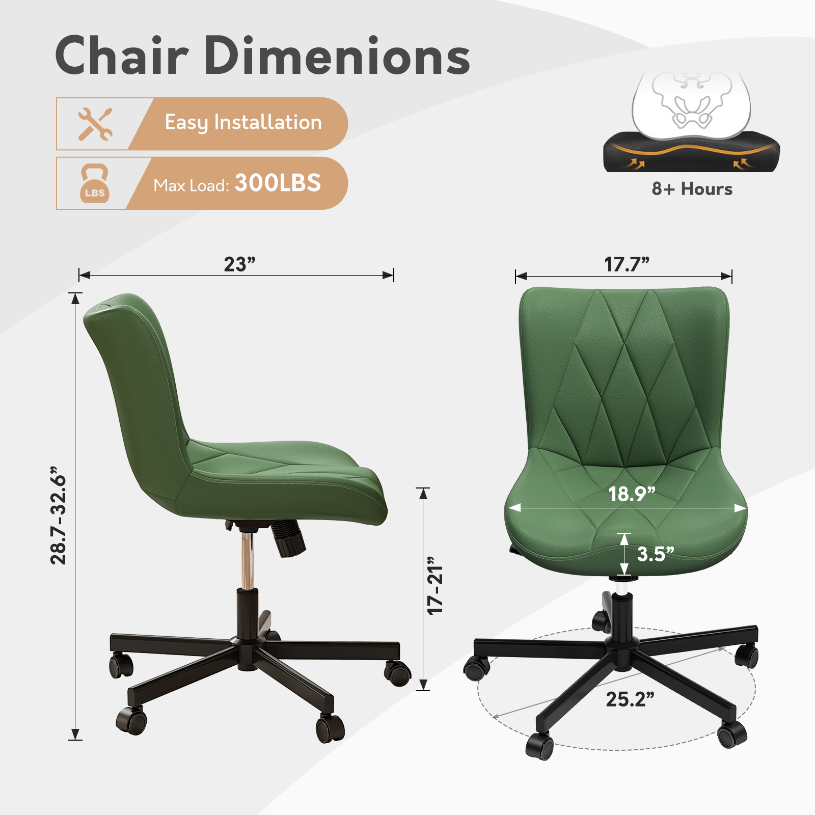 Genpo Armless Desk Chair, Green Leather Office Desk Chairs with Wheels, Mid Back and Lumbar Support for Computer Home Small Space Vanity Makeup - Image 2