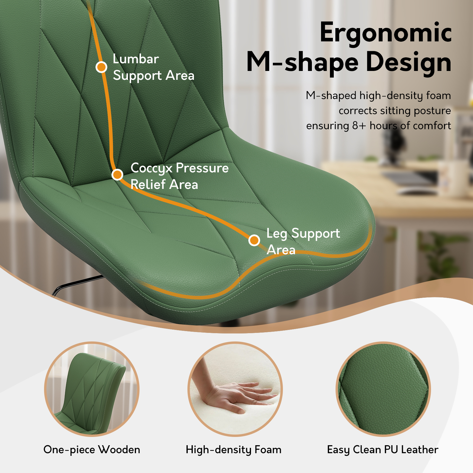 Genpo Armless Desk Chair, Green Leather Office Desk Chairs with Wheels, Mid Back and Lumbar Support for Computer Home Small Space Vanity Makeup - Image 3