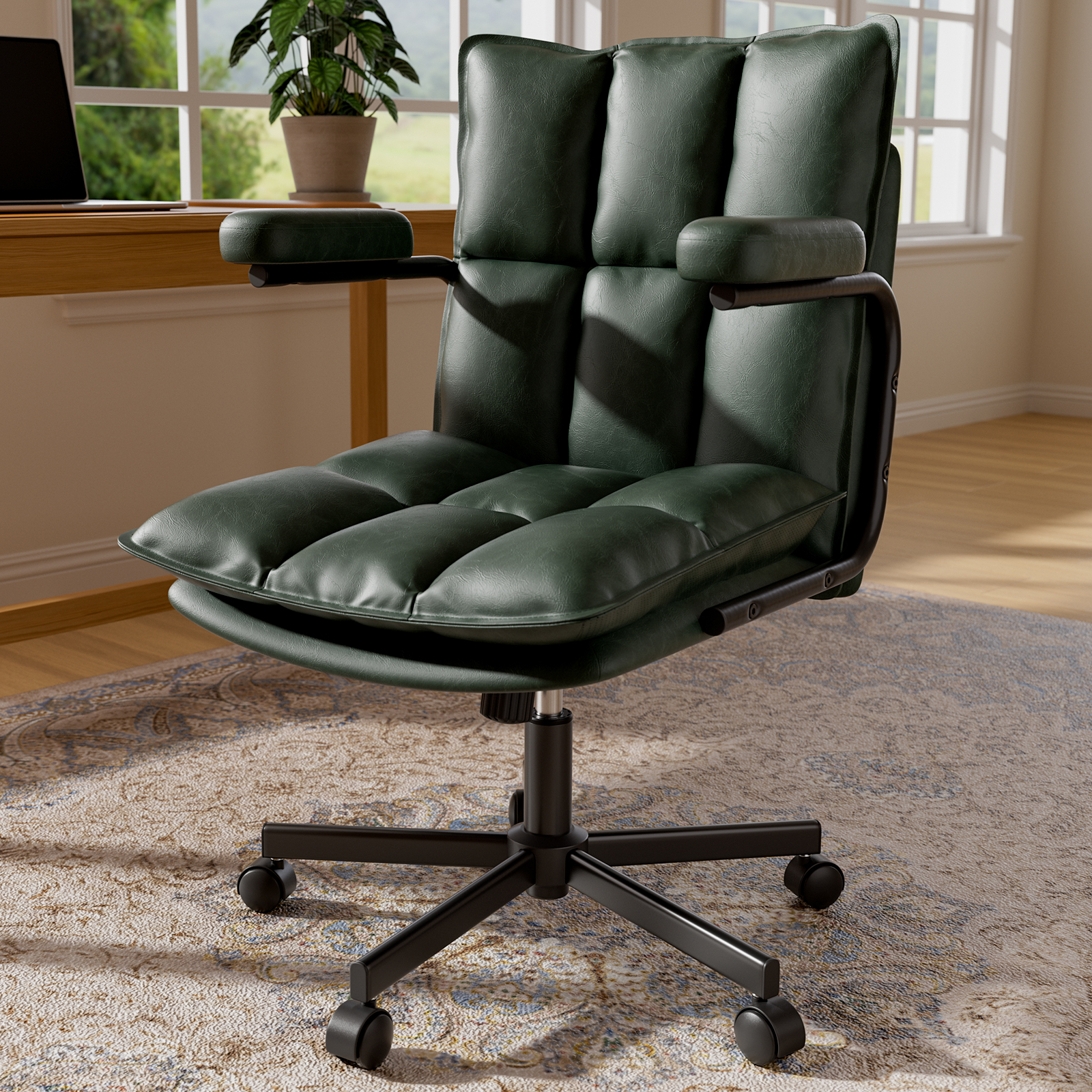 Genpo Green Office Chair, Mid Century Modern Leather Desk Chairs with Arms, Wheels Thickend Back and Seat, Adjustable Height, Vintage Computer Chair for Home, Office