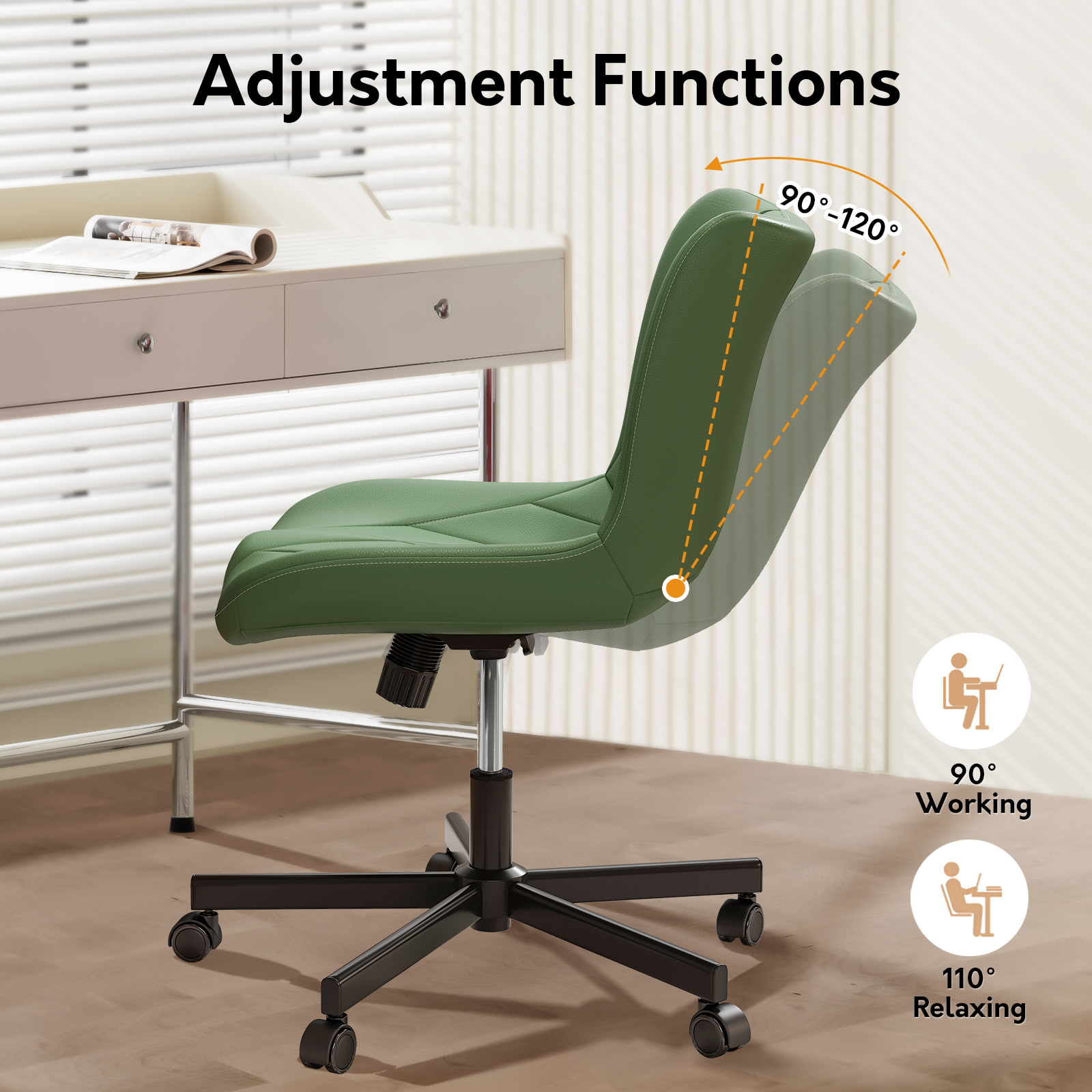 Genpo Armless Desk Chair, Green Leather Office Desk Chairs with Wheels, Mid Back and Lumbar Support for Computer Home Small Space Vanity Makeup - Image 4