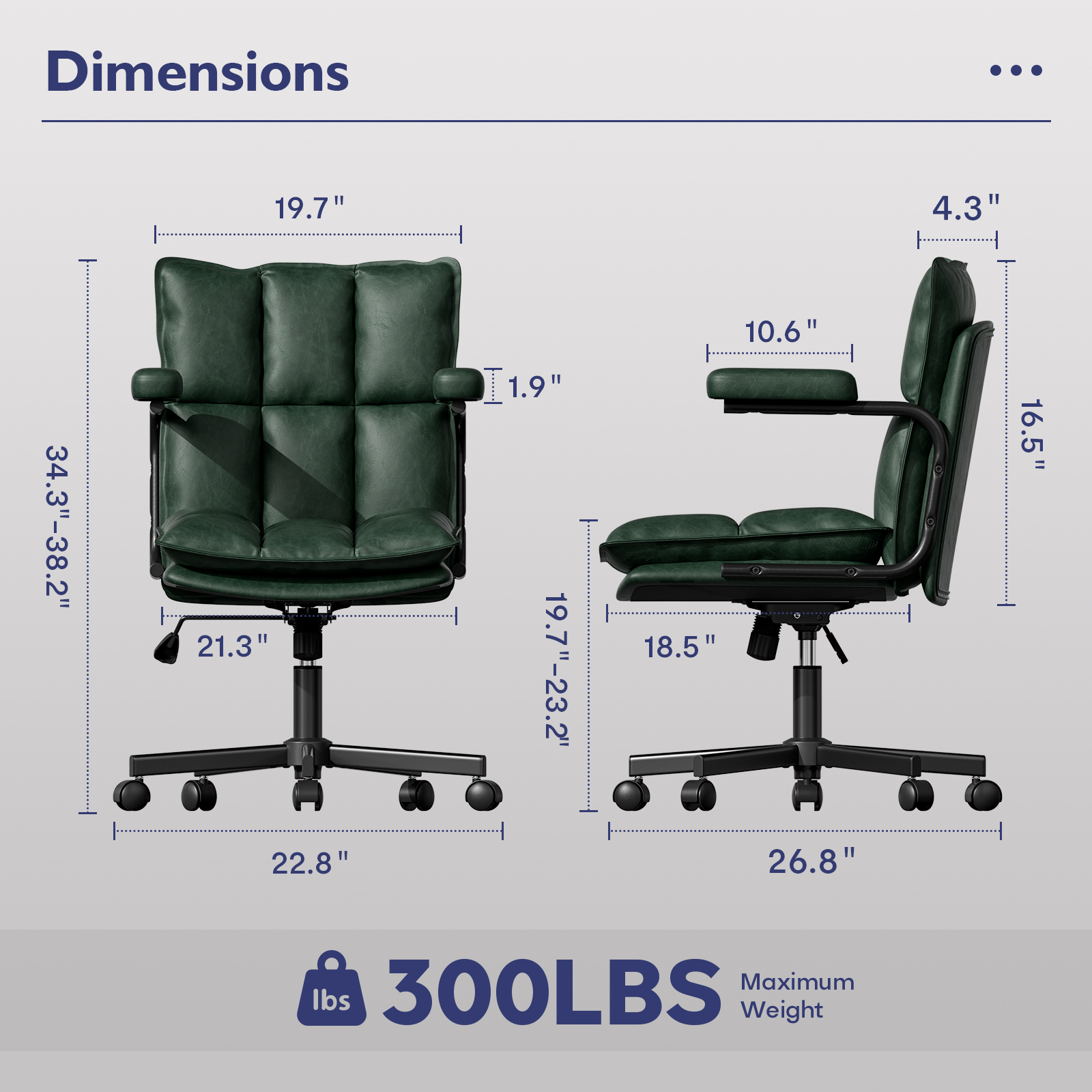Genpo Green Office Chair, Mid Century Modern Leather Desk Chairs with Arms, Wheels Thickend Back and Seat, Adjustable Height, Vintage Computer Chair for Home, Office - Image 2