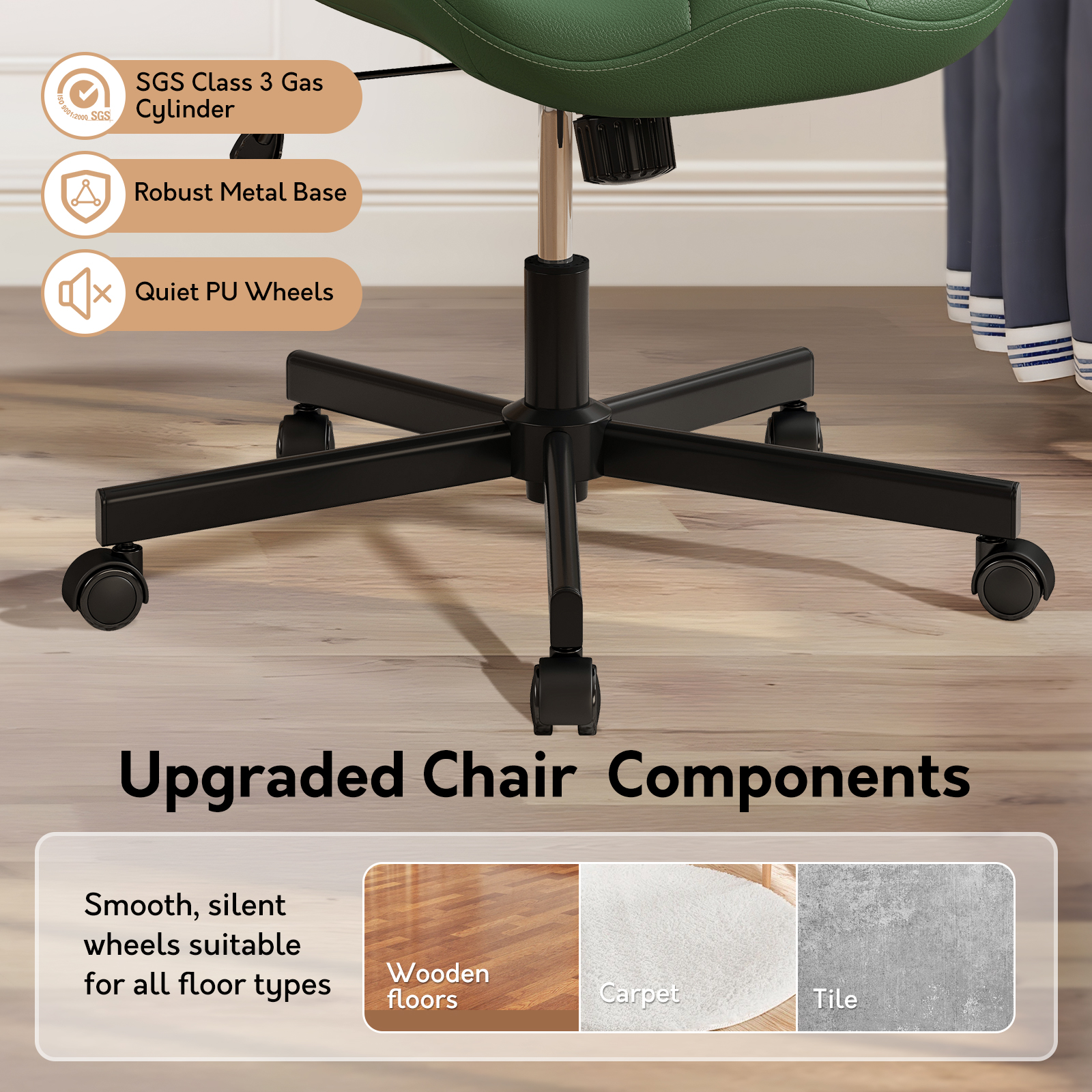 Genpo Armless Desk Chair, Green Leather Office Desk Chairs with Wheels, Mid Back and Lumbar Support for Computer Home Small Space Vanity Makeup - Image 5