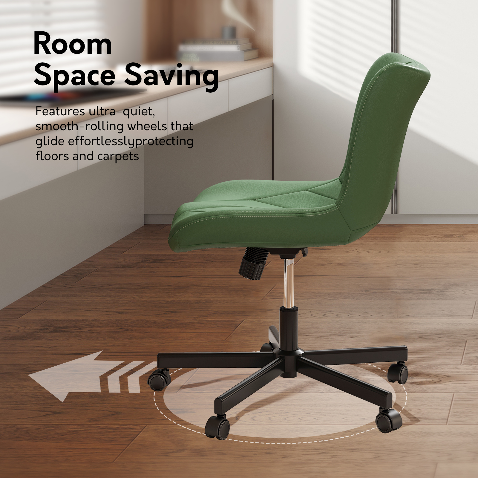 Genpo Armless Desk Chair, Green Leather Office Desk Chairs with Wheels, Mid Back and Lumbar Support for Computer Home Small Space Vanity Makeup - Image 6