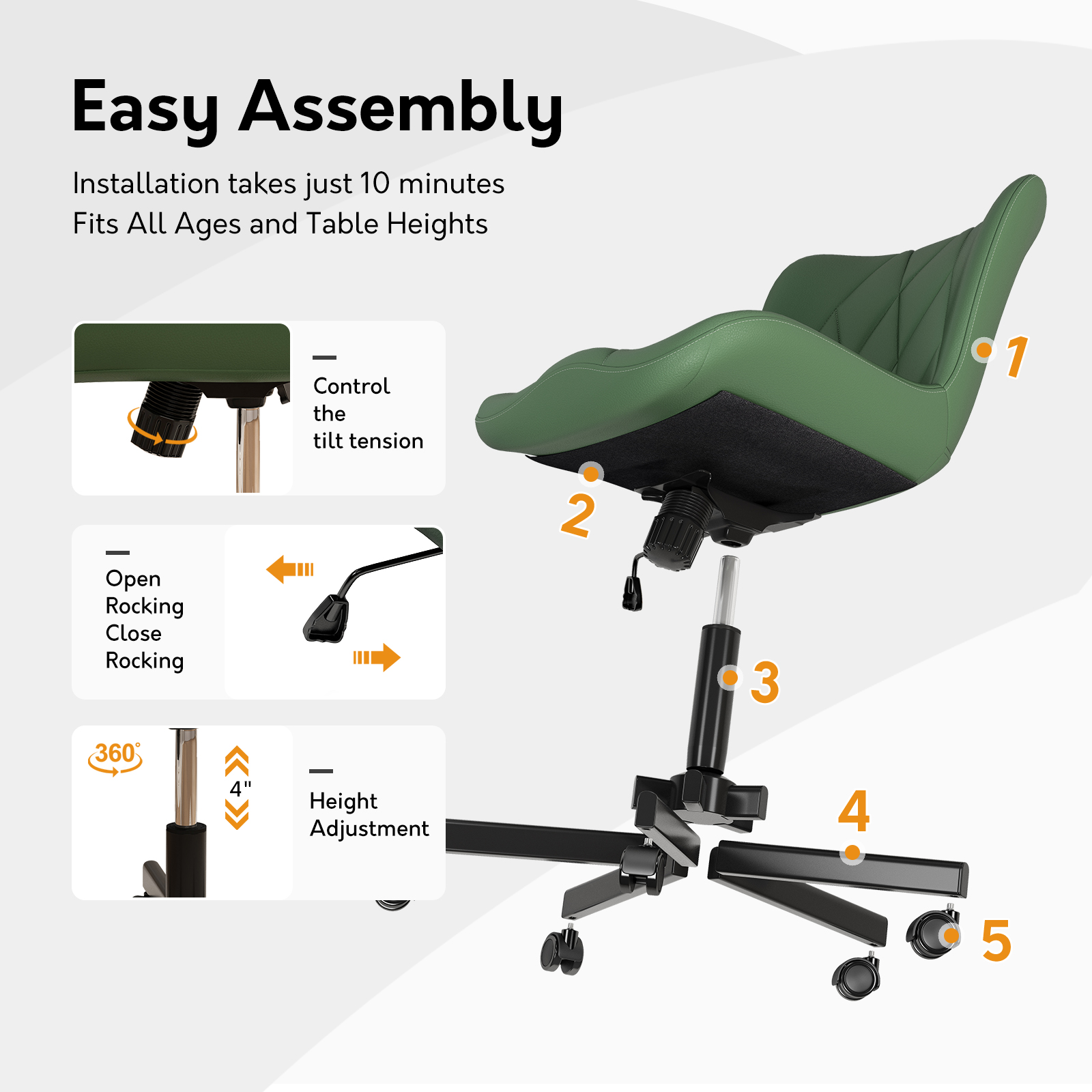 Genpo Armless Desk Chair, Green Leather Office Desk Chairs with Wheels, Mid Back and Lumbar Support for Computer Home Small Space Vanity Makeup - Image 7