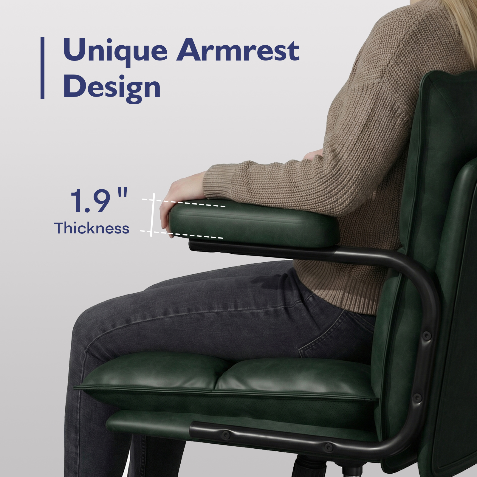 Genpo Green Office Chair, Mid Century Modern Leather Desk Chairs with Arms, Wheels Thickend Back and Seat, Adjustable Height, Vintage Computer Chair for Home, Office - Image 8