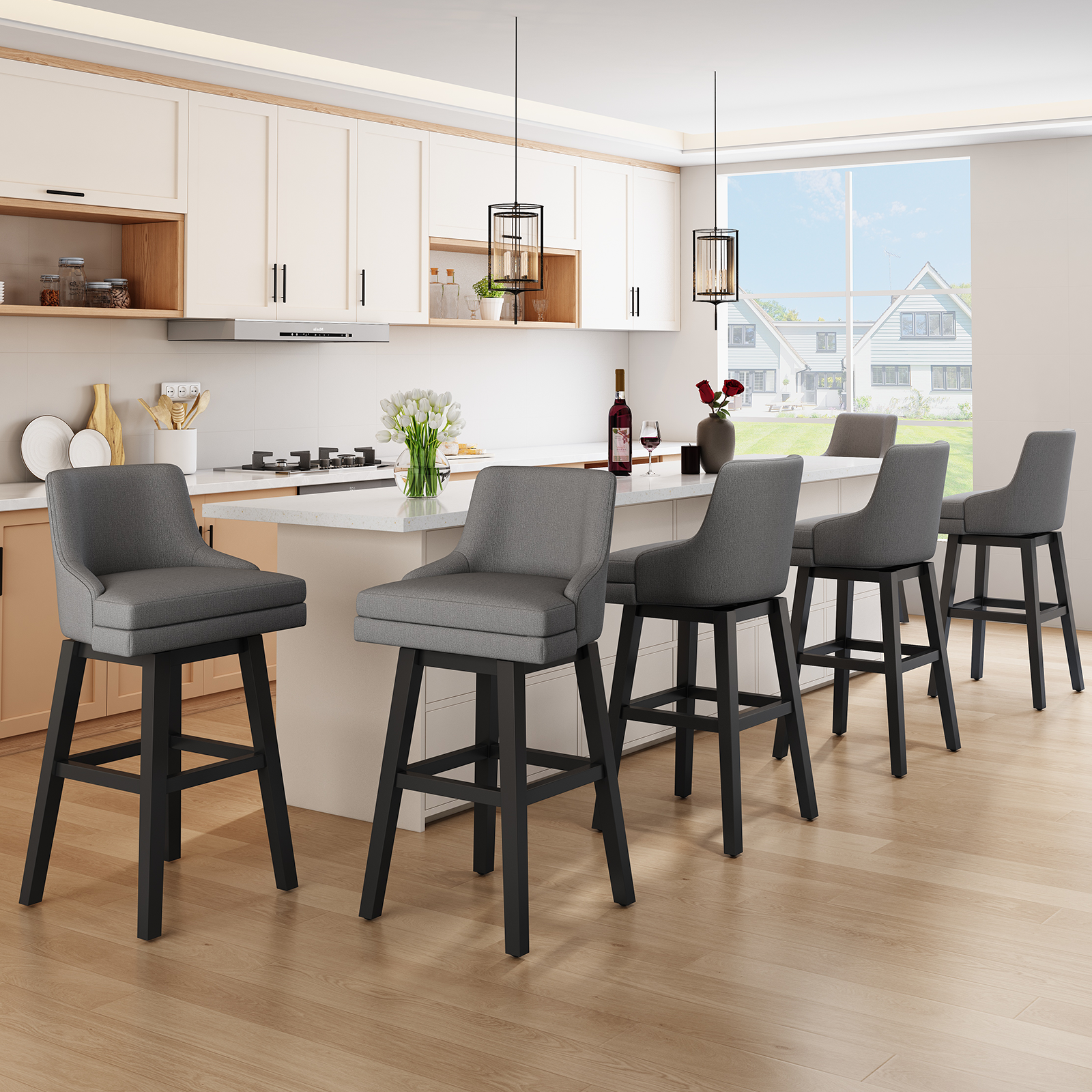 Genpo Bar Stools Set of 6, 26" H Upholstered Barstools with Backs, Swivel Modern Counter Height Bar Stool Chairs for Kitchen Island, Wood Legs, Gray Fabric Counter Stools